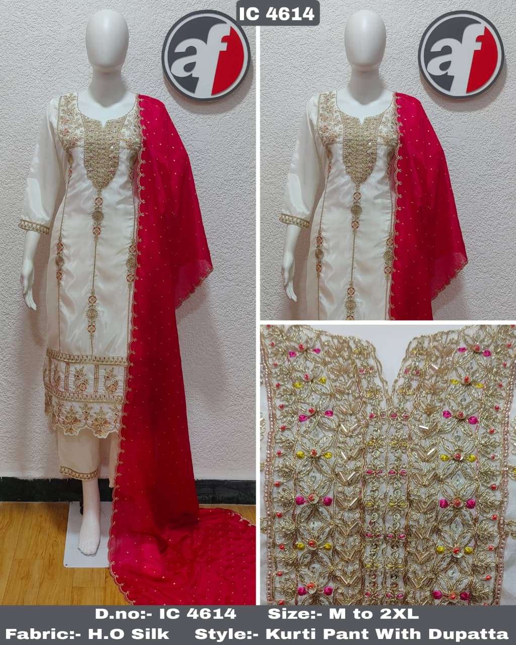 D.NO:- IC 4614 BY ANJU FABRICS IN H.O SILK KURTI PANT WITH DUPATTA CODING & HANDWORK 