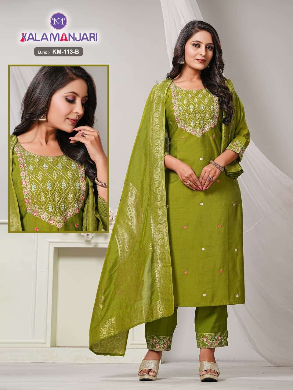 D.NO.KM-113 BY KALAMANJARI IN PREMIUM VISCOSE ROMAN WITH CORDING SEQUENCE WORK 