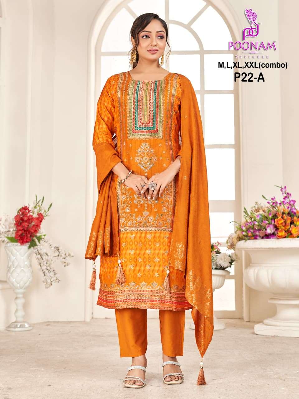 D.NO :- P22 BY POONAM DESIGNER IN PURE DOLA SILK JACQUARD POSITION PRINT WITH HANDWORK 