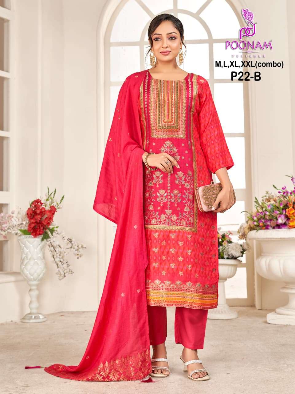 D.NO :- P22 BY POONAM DESIGNER IN PURE DOLA SILK JACQUARD POSITION PRINT WITH HANDWORK 