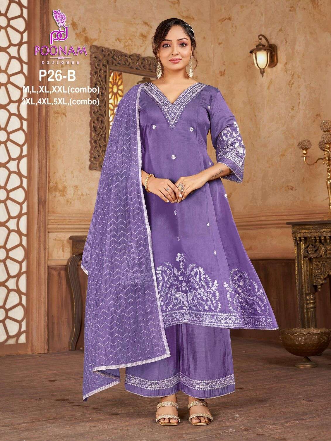 D.NO :- P26 BY POONAM DESIGNER IN PURE CHANDERI WITH DESIGNER WORK & NECK HANDWORK 