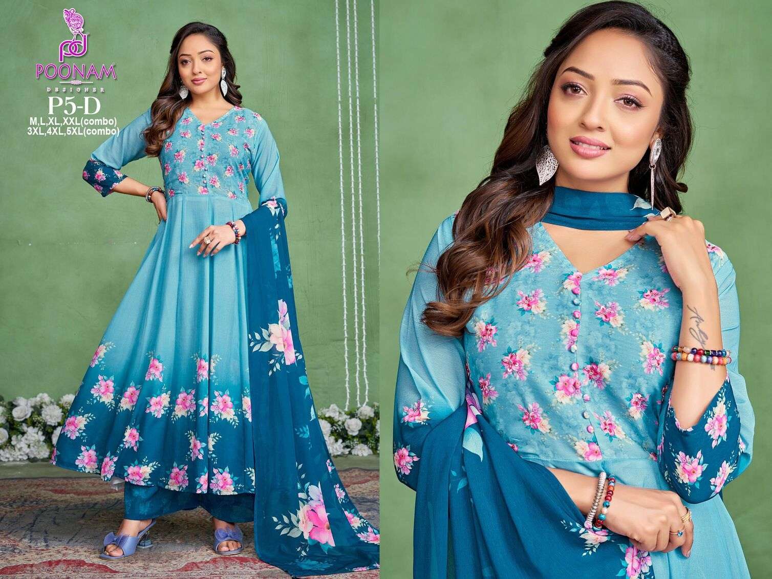 D.NO :- P5 BY POONAM DESIGNER IN PURE SOFT GEORGETTE DIGITAL PRINT & MAL-MAL COTTON INNER 