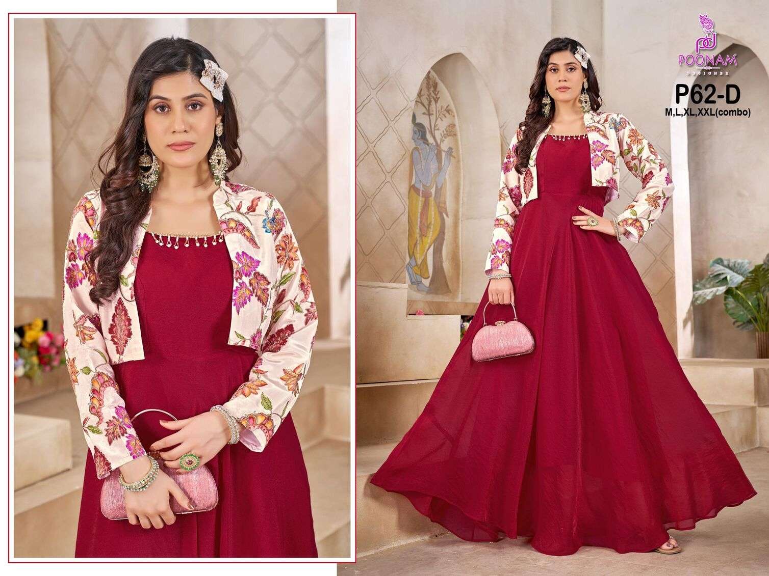 D.NO :- P62 BY POONAM DESIGNER IN PURE DEZZAL SILK WITH HANDWORK GOWN & SIDE ZIP LOCK CHAIN 