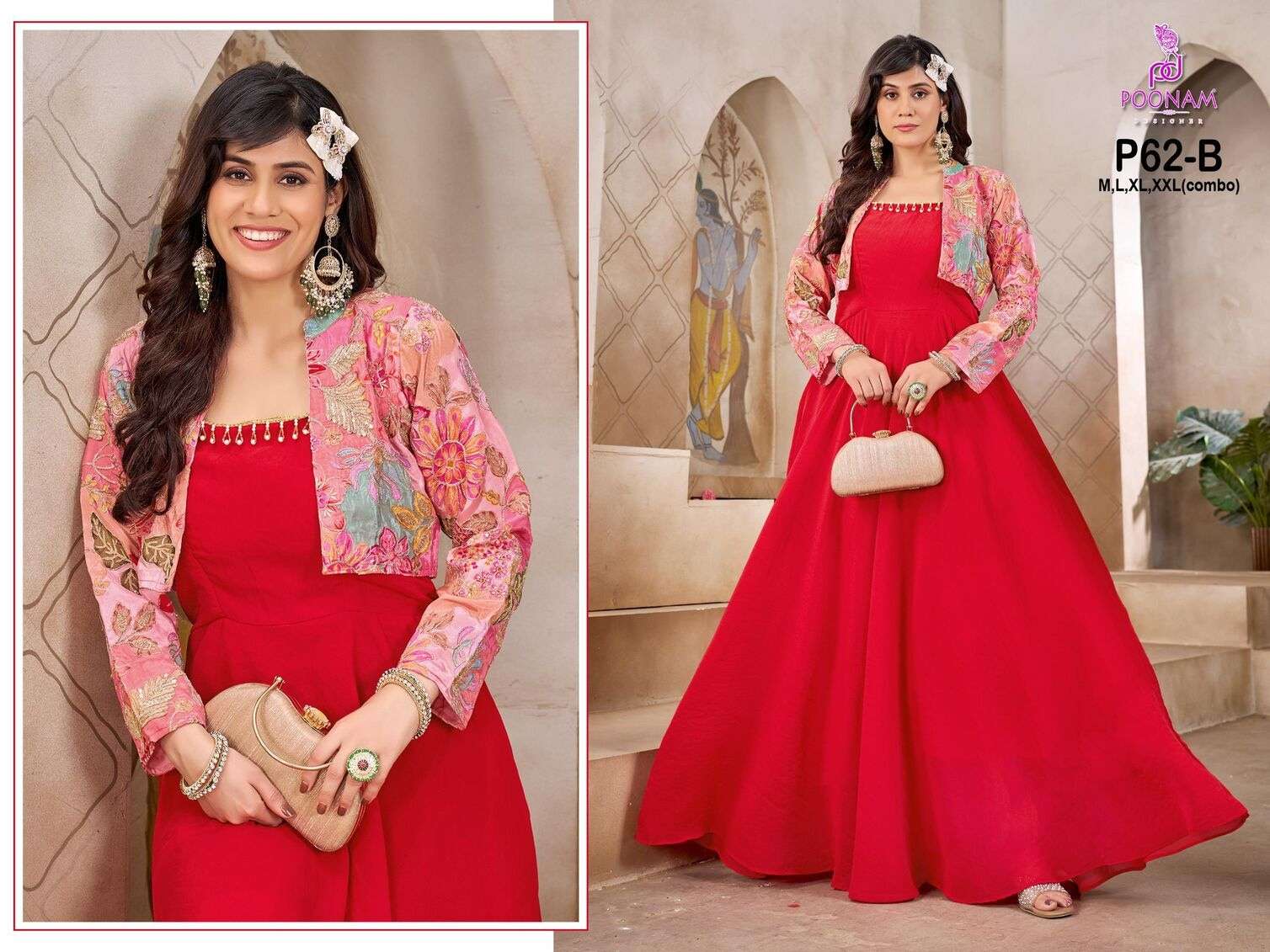 D.NO :- P62 BY POONAM DESIGNER IN PURE DEZZAL SILK WITH HANDWORK GOWN & SIDE ZIP LOCK CHAIN 