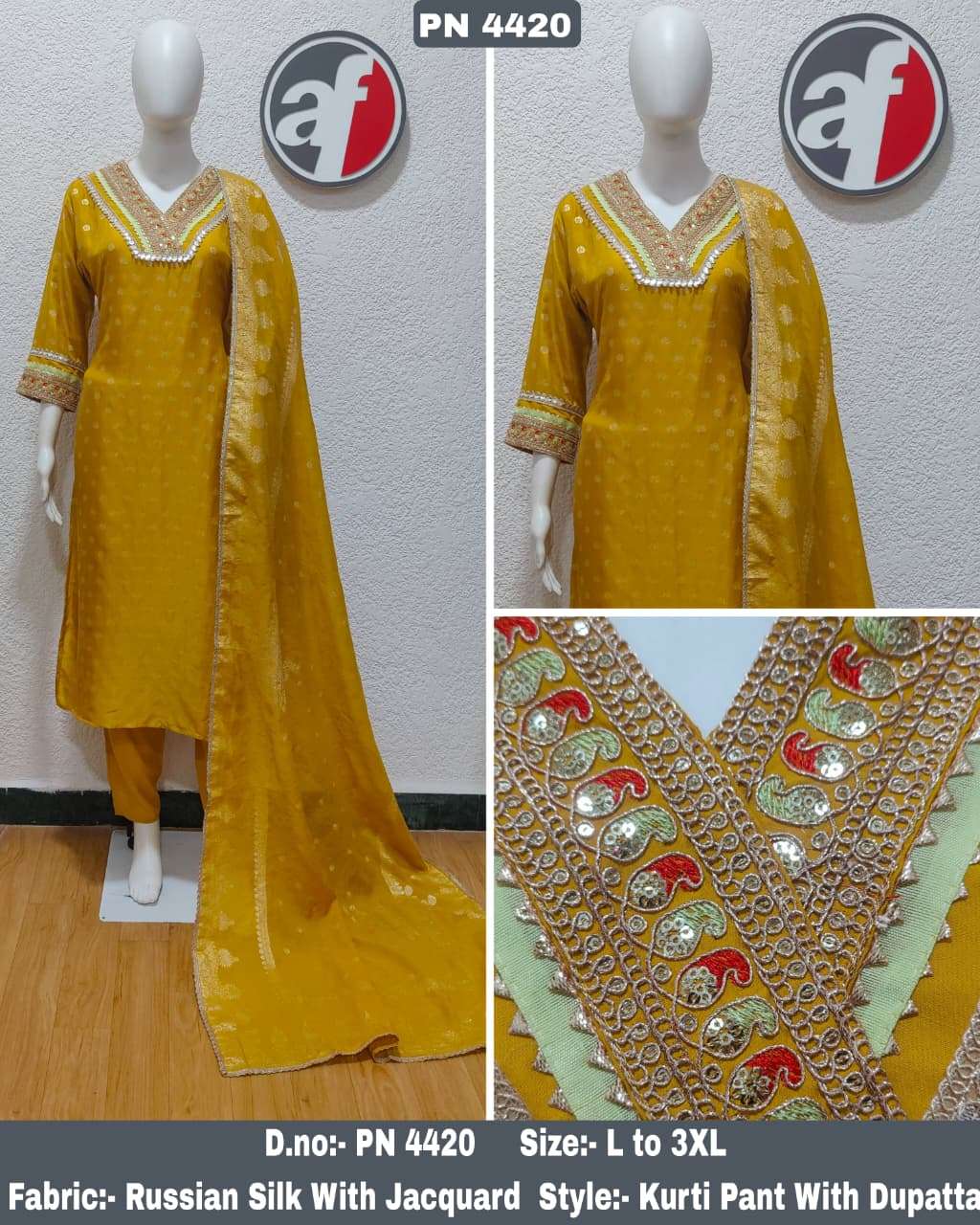 D.NO:- PN 4420 BY ANJU FABRICS IN RUSSIAN SILK KURTI PANT WITH JACQUARD DUPATTA 