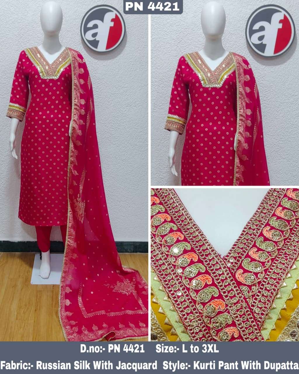 D.NO:- PN 4421 BY ANJU FABRICS IN RUSSIAN SILK KURTI PANT WITH JACQUARD DUPATTA 