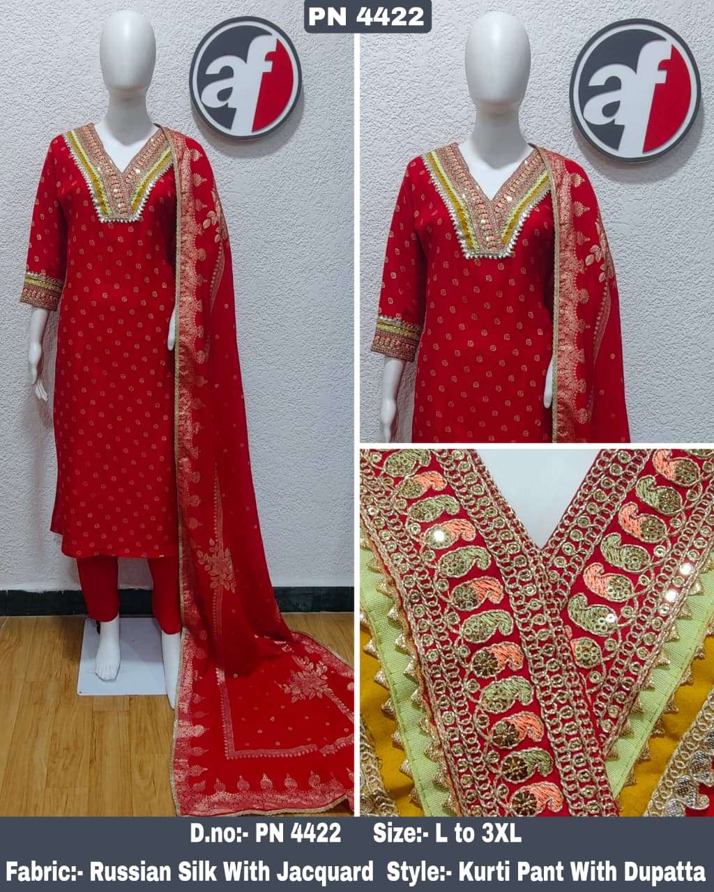 D.NO:- PN 4422 BY ANJU FABRICS IN RUSSIAN SILK KURTI PANT WITH JACQUARD DUPATTA 