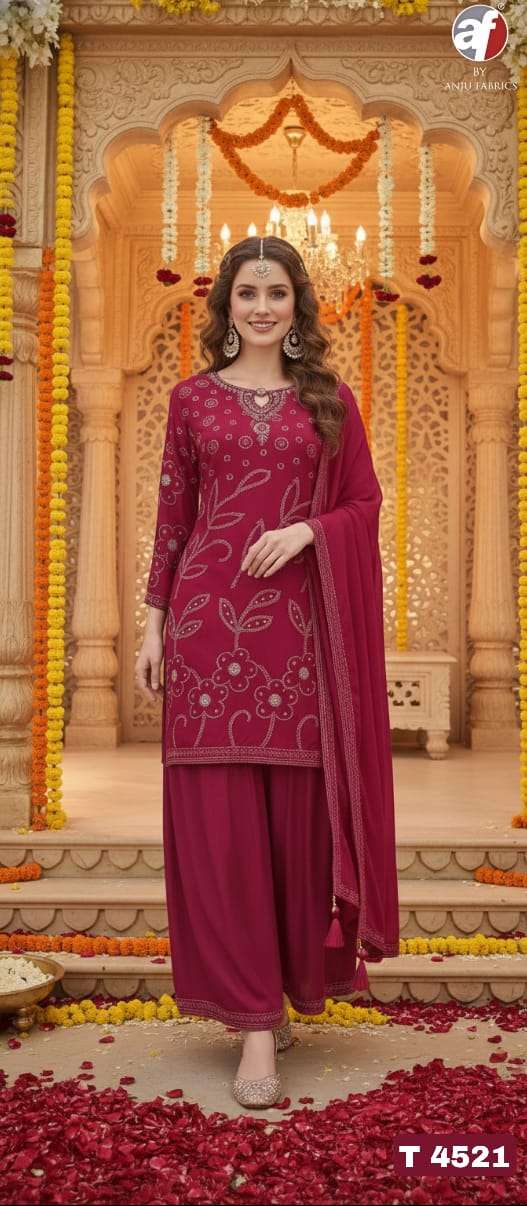 D.NO:- T 4521 BY ANJU FABRICS IN PURE DOLA SILK SHORT KURTI WITH FLARED DIVIDER & DUPATTA