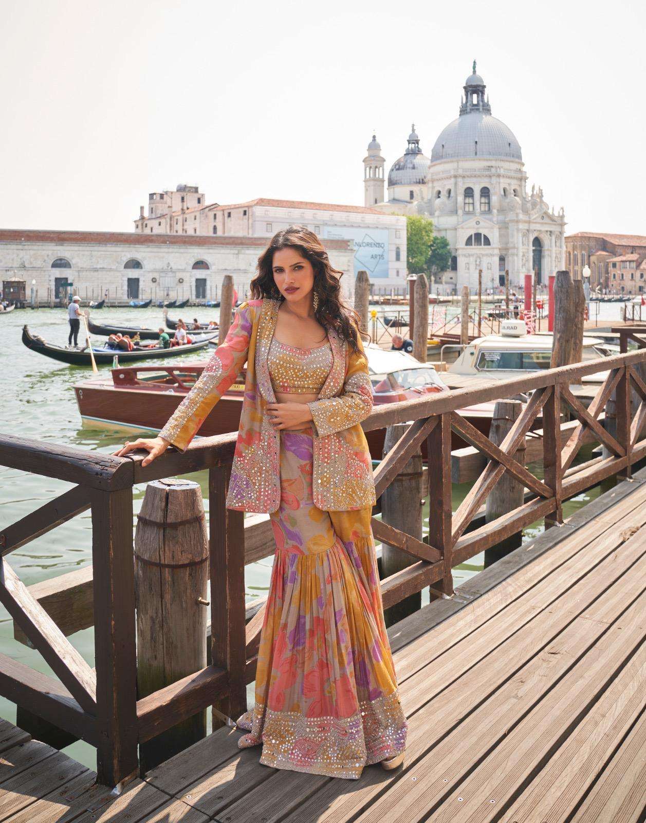 ELNAAZ BY SAYURI DESIGNER IN REAL CHINON SILK WITH HEAVY EMBROIDERED MIRROR WORK 