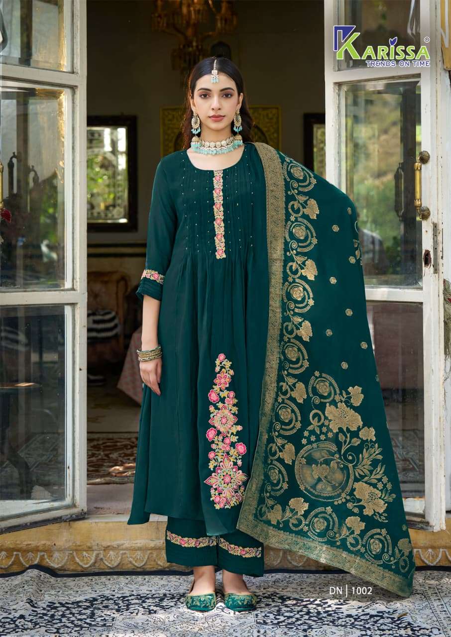 GITANJALI BY KARISSA IN HEAVY VISCOSE MALL CHANDERI WITH FLARED TOP PANT AND DUPATTA