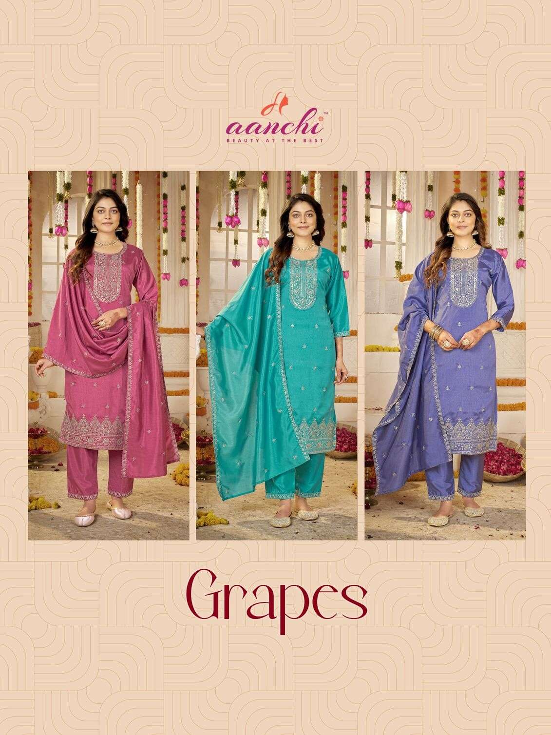 GRAPES BY AANCHI IN CRYSTAL SILK KURTI PANT WITH FANCY DUPATTA WORK 