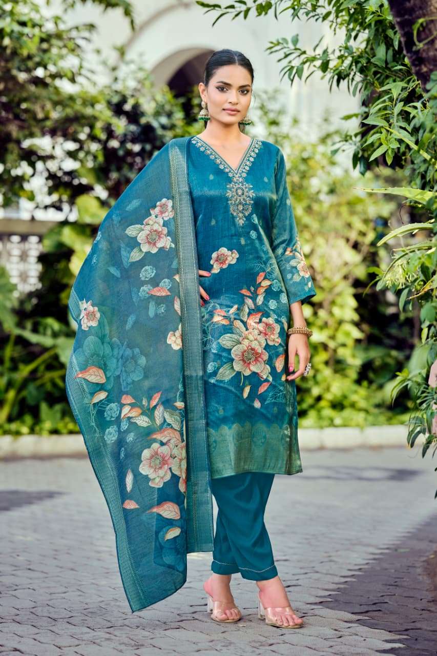 GULABO BY OSSM IN JACQUARD SIMMER SILK WITH EMBROIDERY WORK & DIGITAL PRINT 