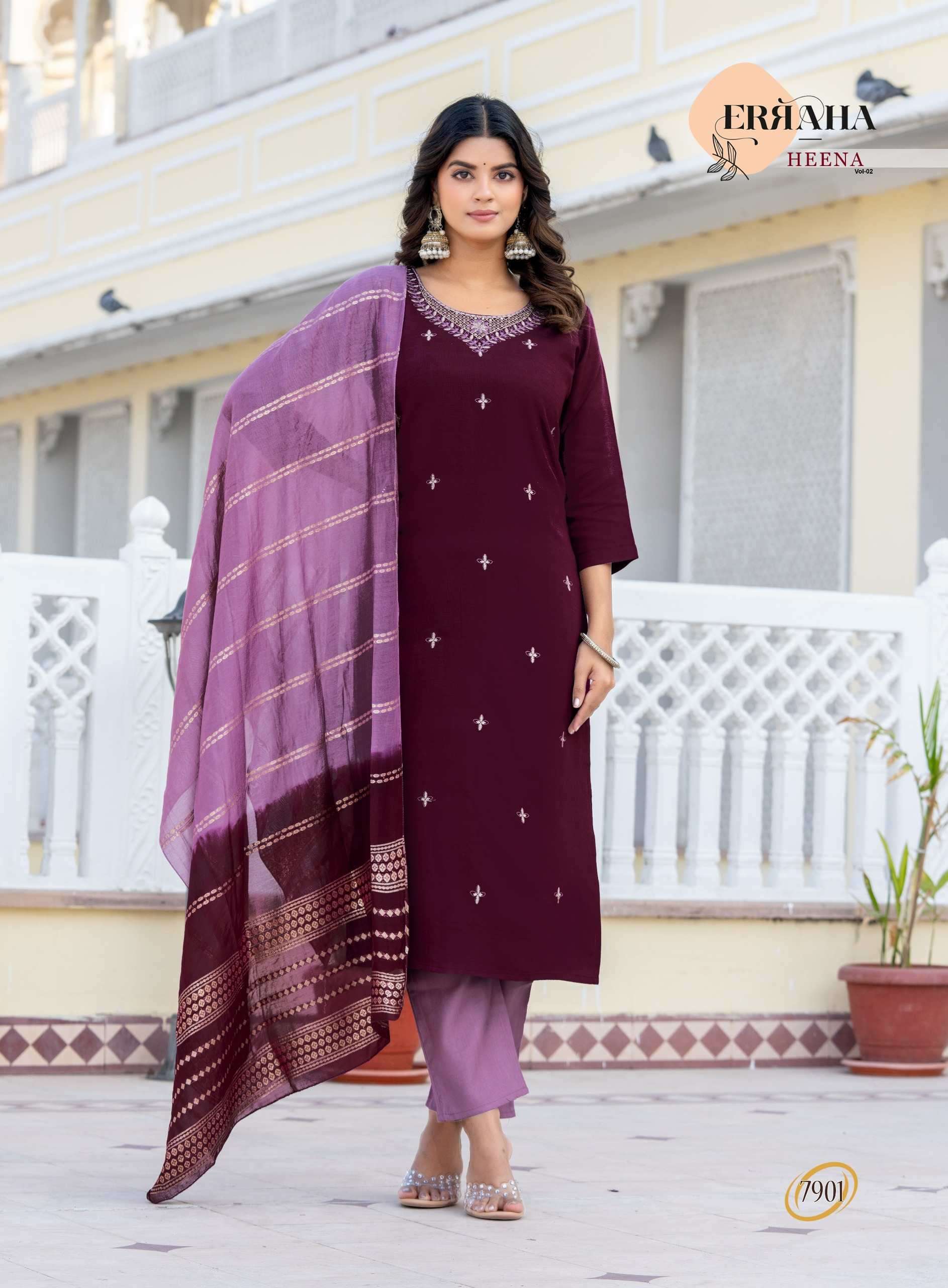 HEENA VOL-2 BY ERRAHA IN PREMIUM VATICAN FABRICS WITH UNIQUE EMBROIDERY IN NECK & ALL OVER BUTTA 