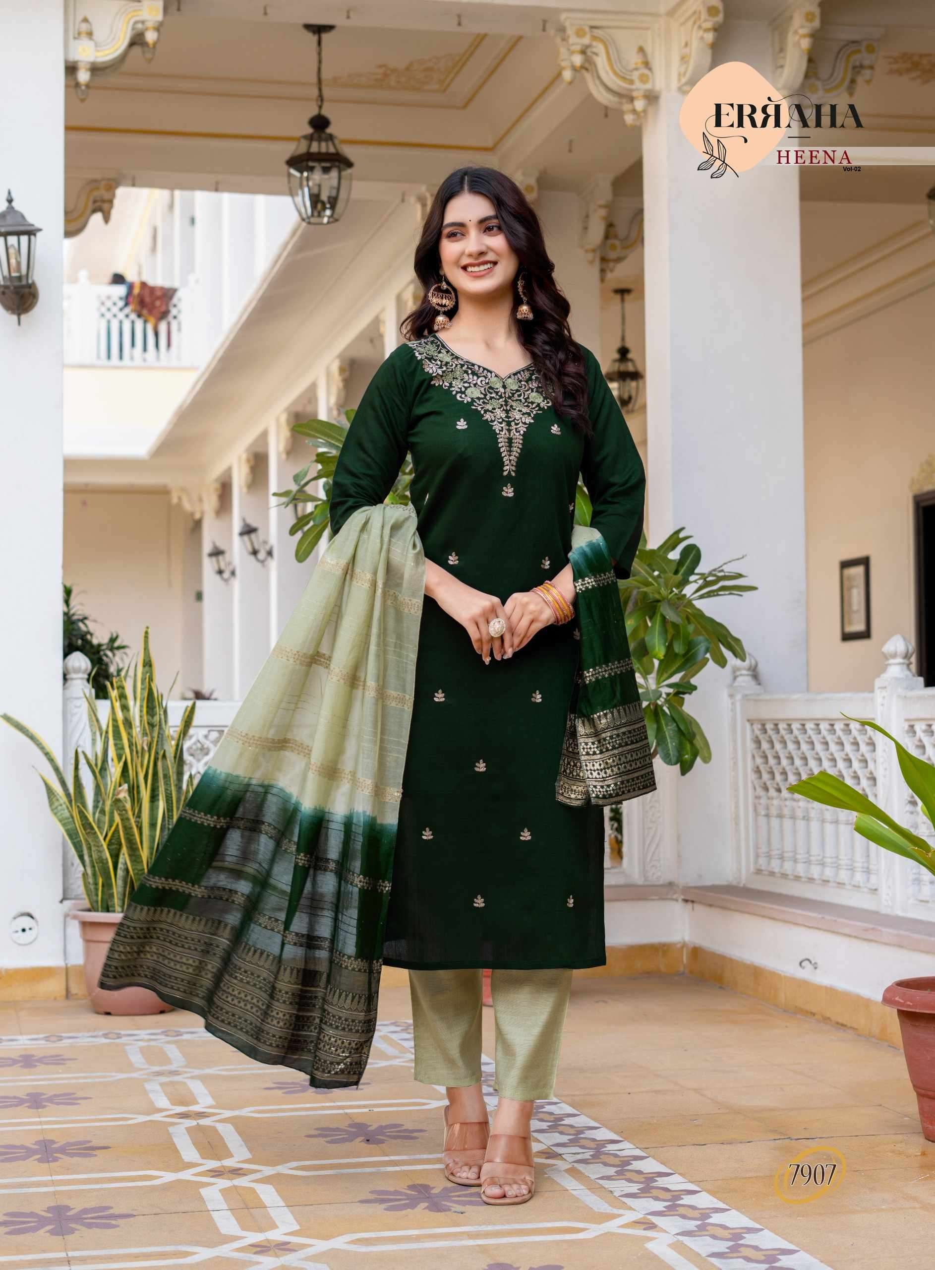 HEENA VOL-2 BY ERRAHA IN PREMIUM VATICAN FABRICS WITH UNIQUE EMBROIDERY IN NECK & ALL OVER BUTTA 