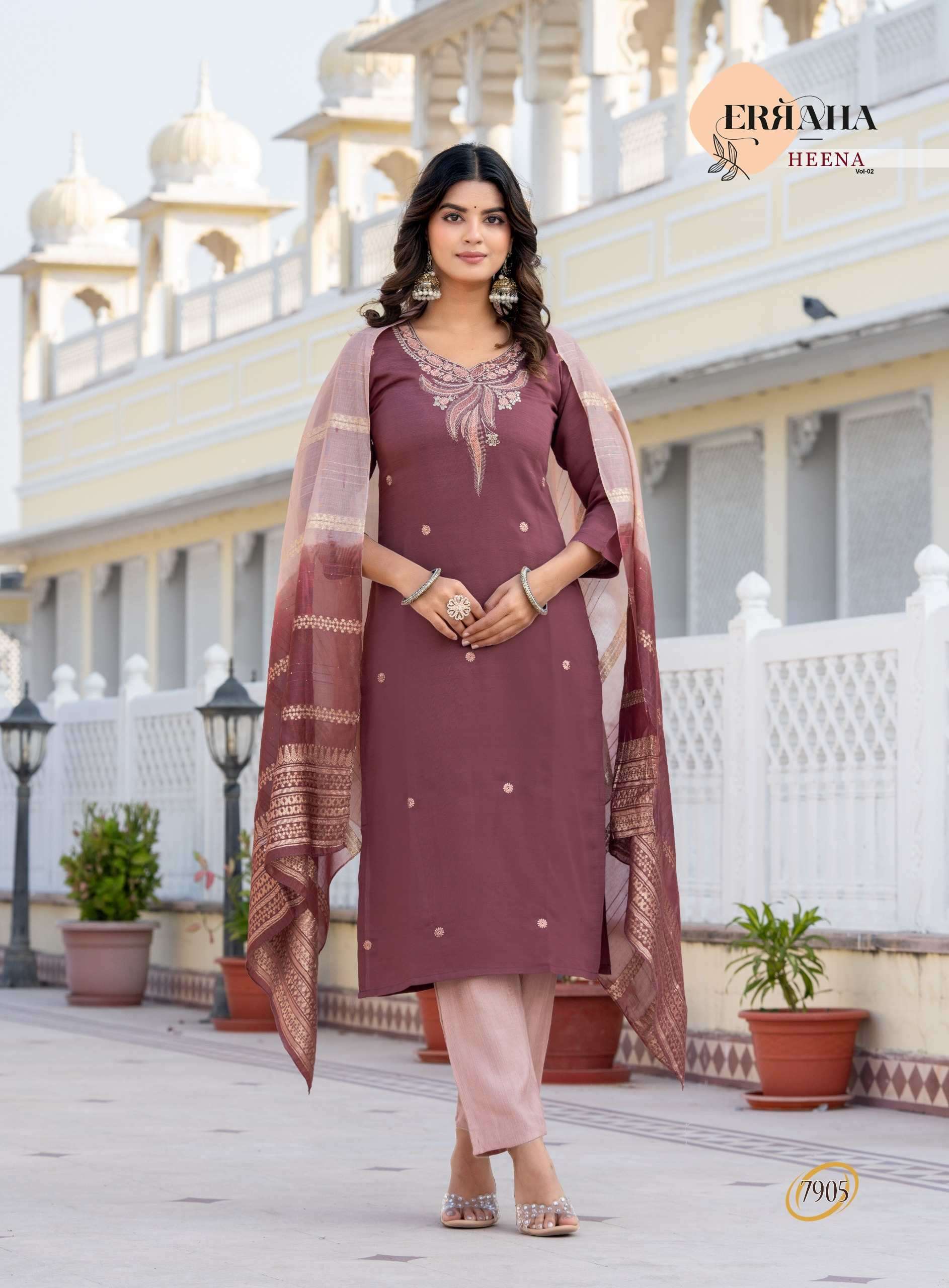 HEENA VOL-2 BY ERRAHA IN PREMIUM VATICAN FABRICS WITH UNIQUE EMBROIDERY IN NECK & ALL OVER BUTTA 