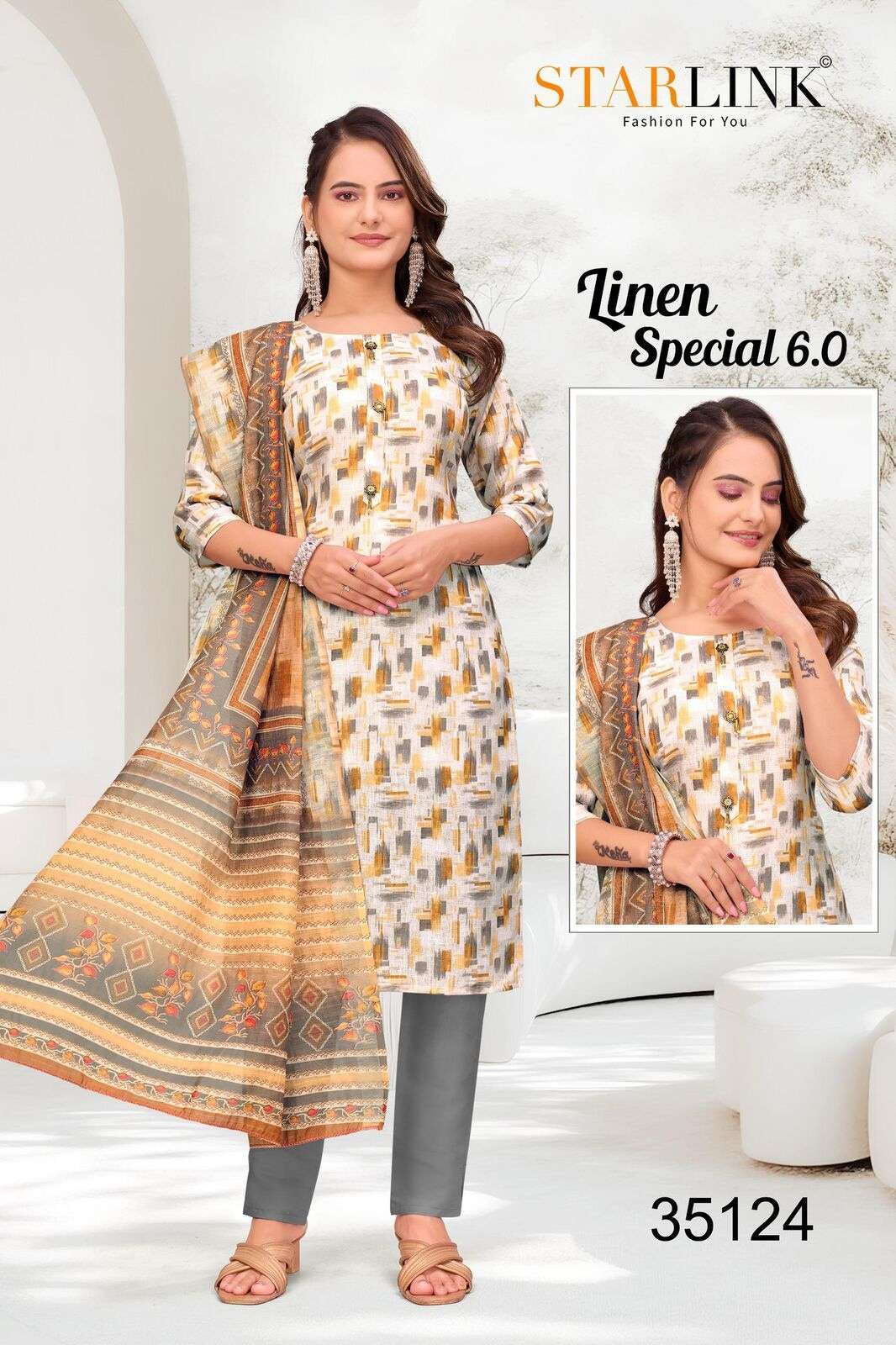 LINEN SPECIAL-6 BY STARLINK IN LINEN DIGITAL PRINT AND INNER WITH TIE WORK 
