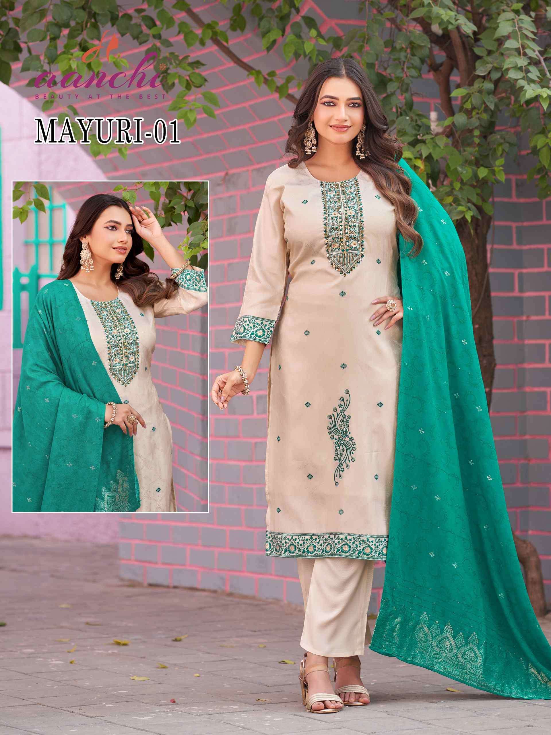 MAYURI-01 BY AANCHI IN COSMOS DYED WITH FANCY JACQUARD DUPATTA WORK 