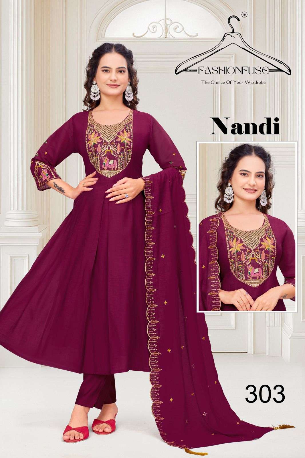 NANDI BY FASHION FUSE IN PREMIUM MUL CHANDERI SILK WITH HEAVY WORK ANARKALI PATTERN 