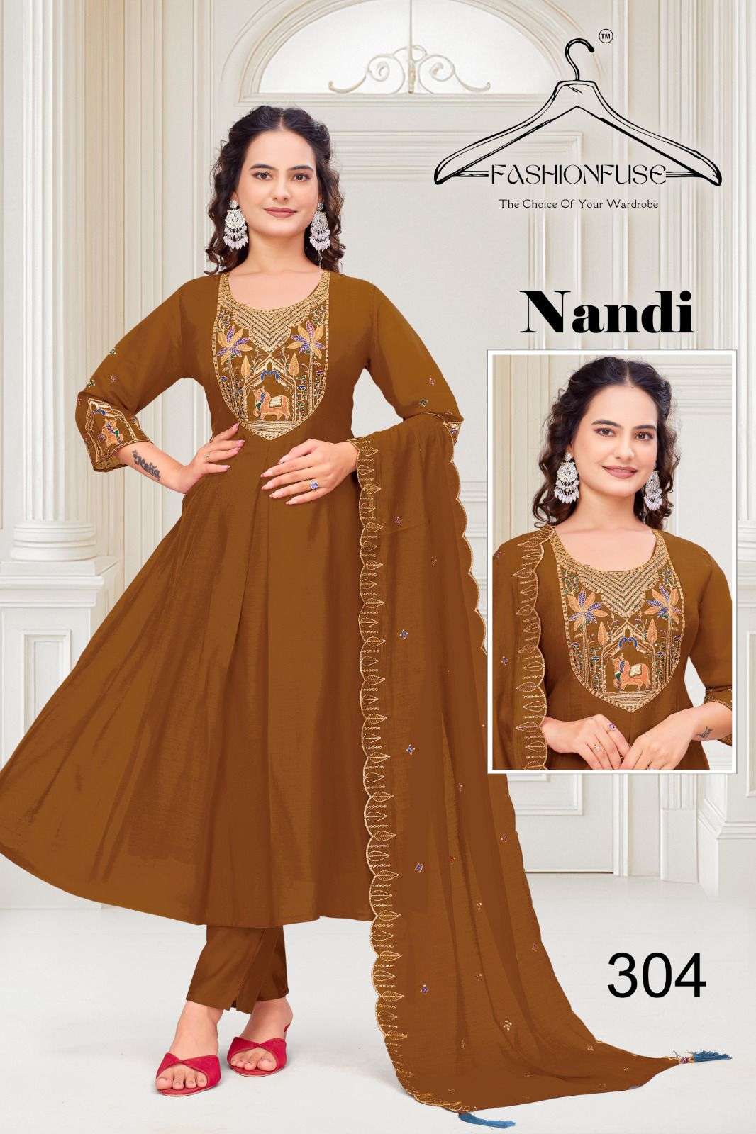 NANDI BY FASHION FUSE IN PREMIUM MUL CHANDERI SILK WITH HEAVY WORK ANARKALI PATTERN 