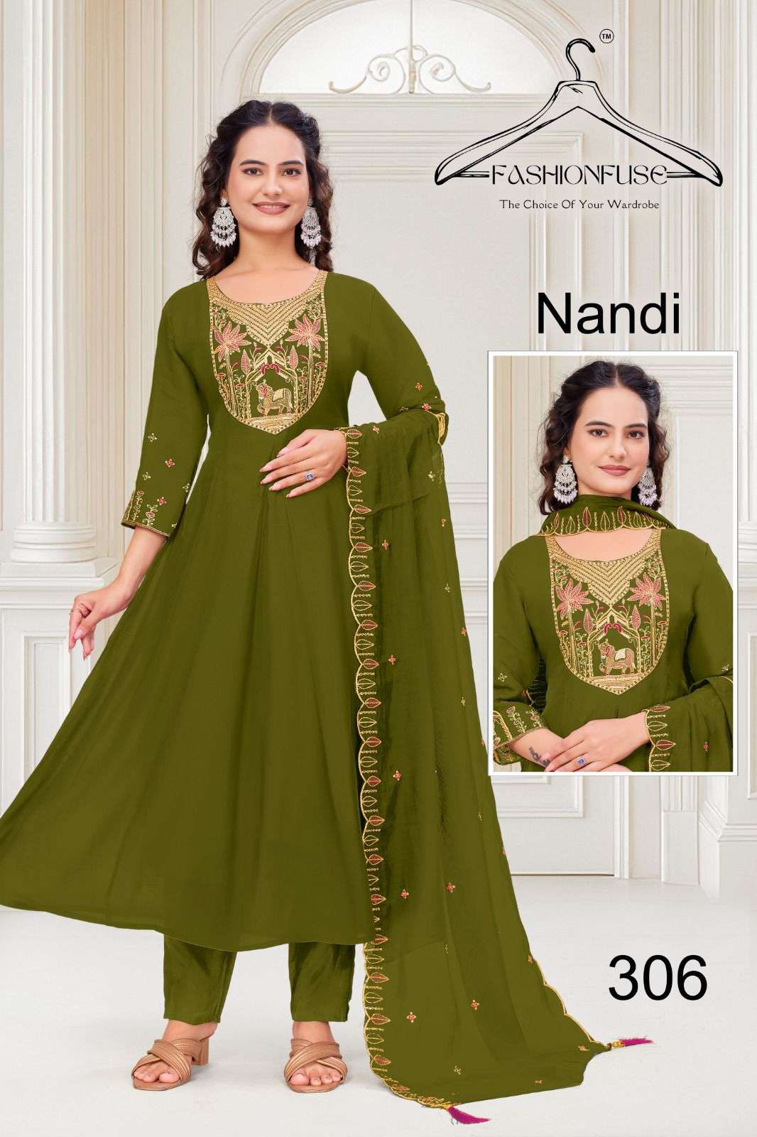 NANDI BY FASHION FUSE IN PREMIUM MUL CHANDERI SILK WITH HEAVY WORK ANARKALI PATTERN 