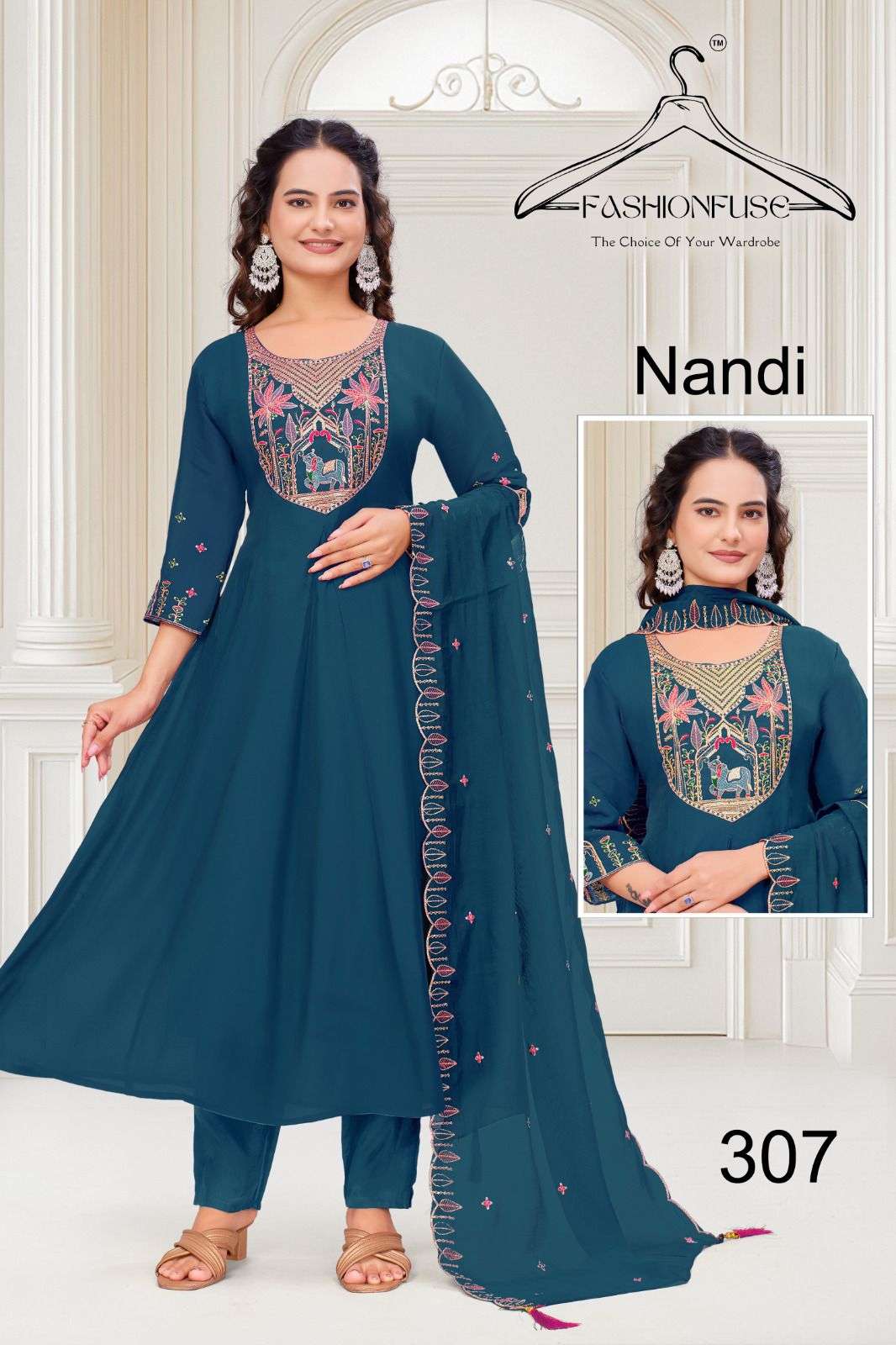 NANDI BY FASHION FUSE IN PREMIUM MUL CHANDERI SILK WITH HEAVY WORK ANARKALI PATTERN 