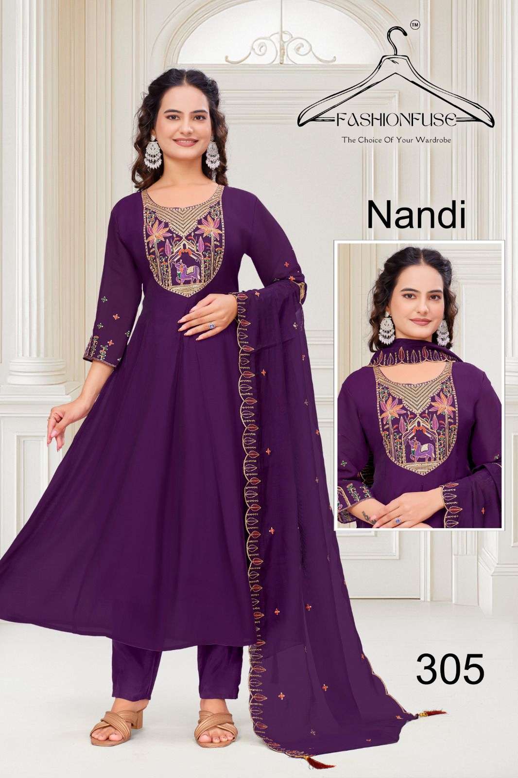 NANDI BY FASHION FUSE IN PREMIUM MUL CHANDERI SILK WITH HEAVY WORK ANARKALI PATTERN 