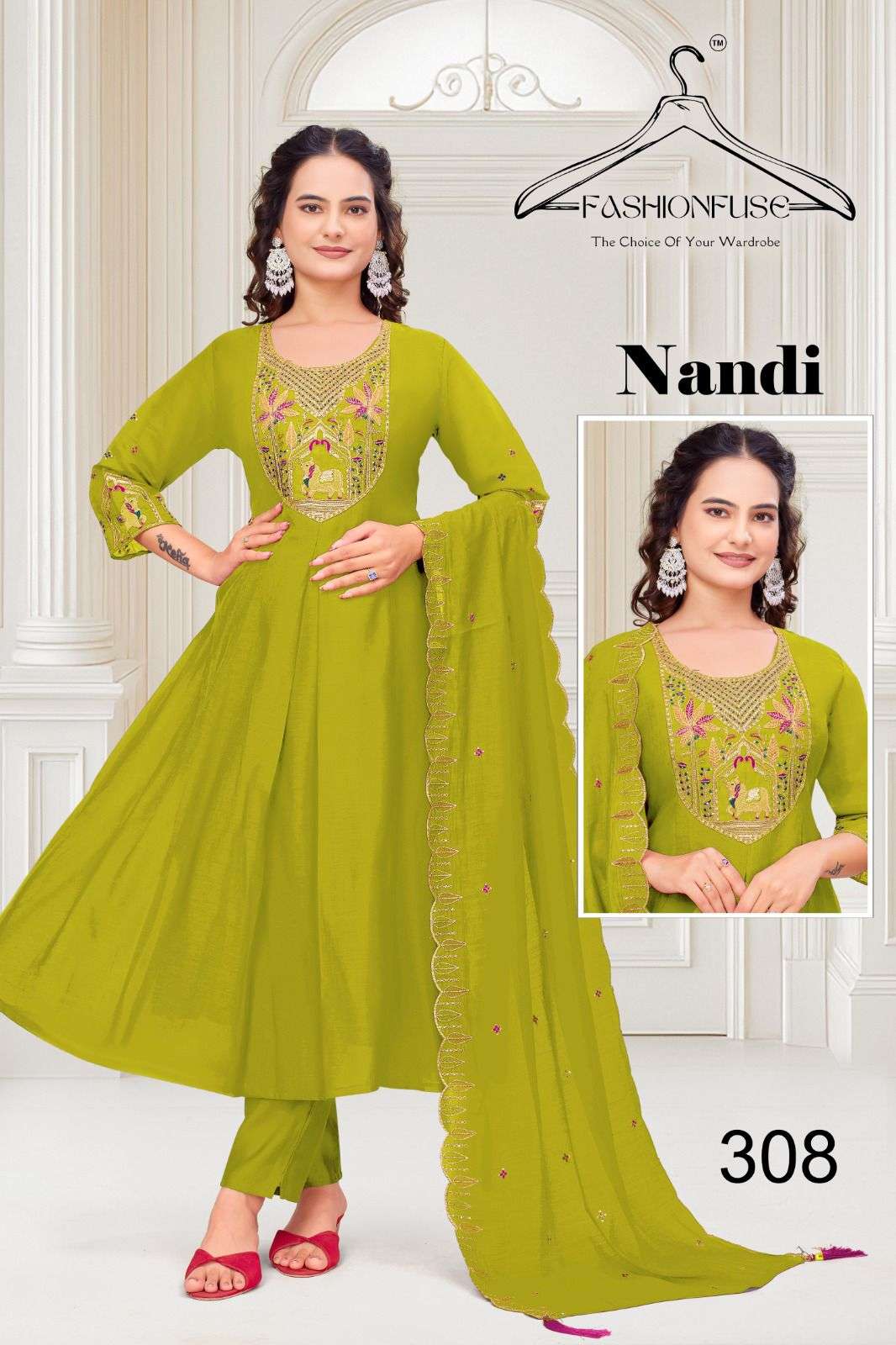 NANDI BY FASHION FUSE IN PREMIUM MUL CHANDERI SILK WITH HEAVY WORK ANARKALI PATTERN 