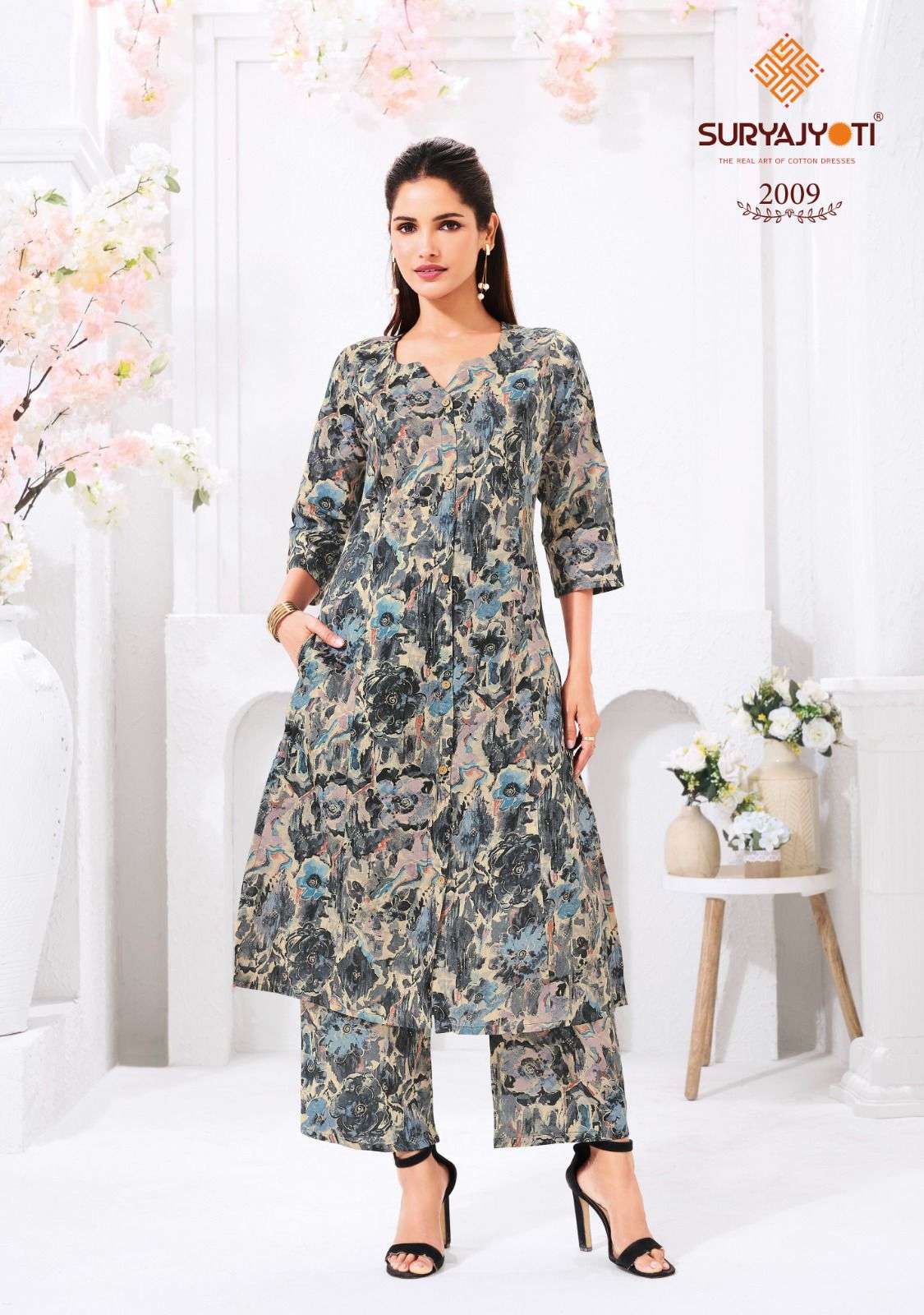PRAPTI VOL-2 BY SURYAJYOTI IN COTTON PRINT A-LINE TOP BOTTOM LONG CO-ORD SET 
