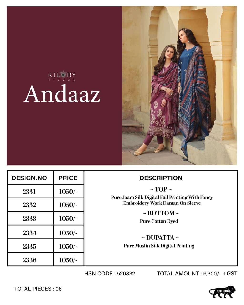 ANDAAZ BY KILORY TRENDS IN PURE JAAM COTTON DIGITAL FOIL PRINT WITH FENCY EMBROIDERY WORK 