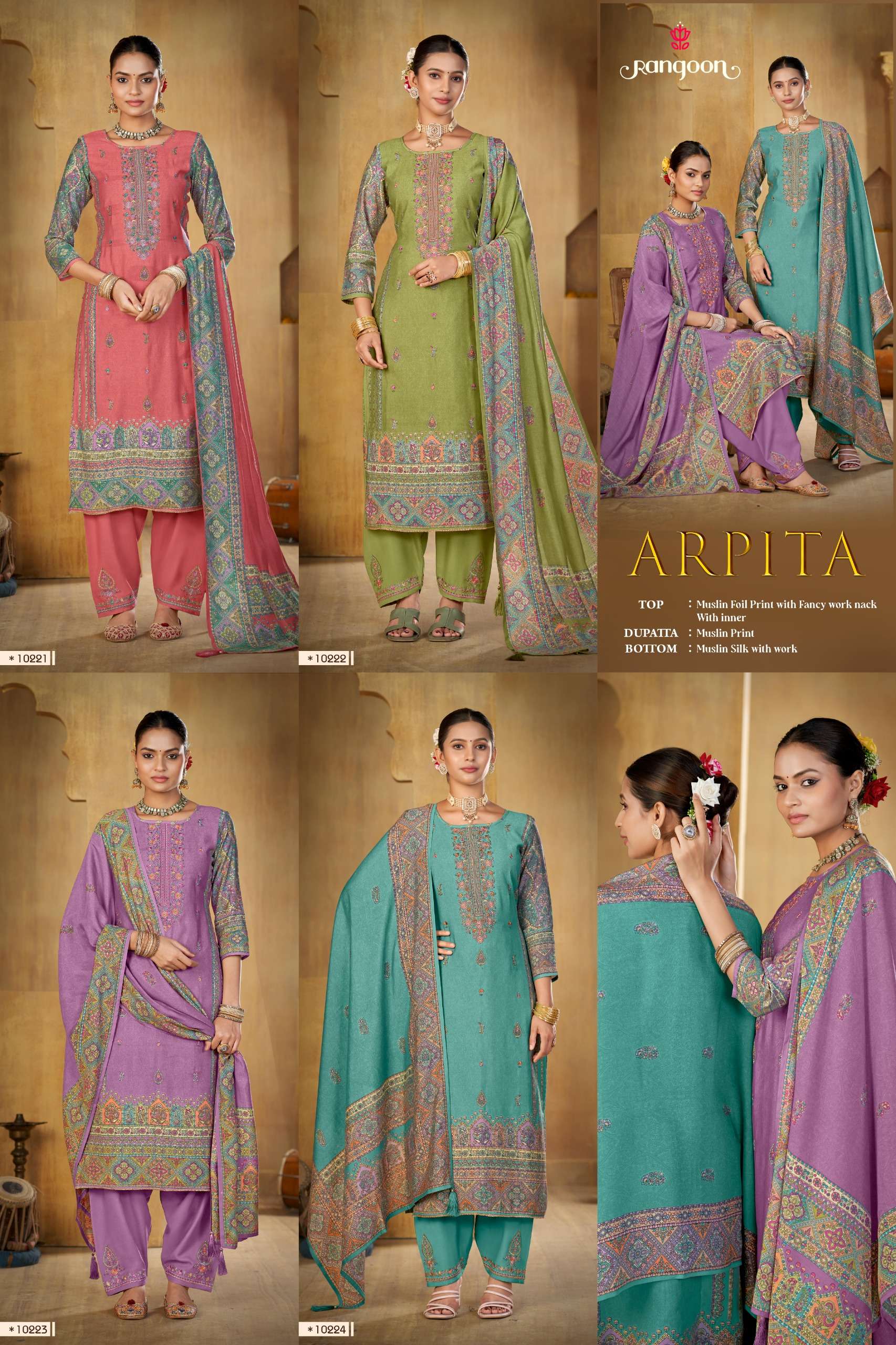 ARPITA BY RANGOON IN MUSLIN SILK WITH FOIL PRINT AND FANCY NACK WORK WITH INNER 