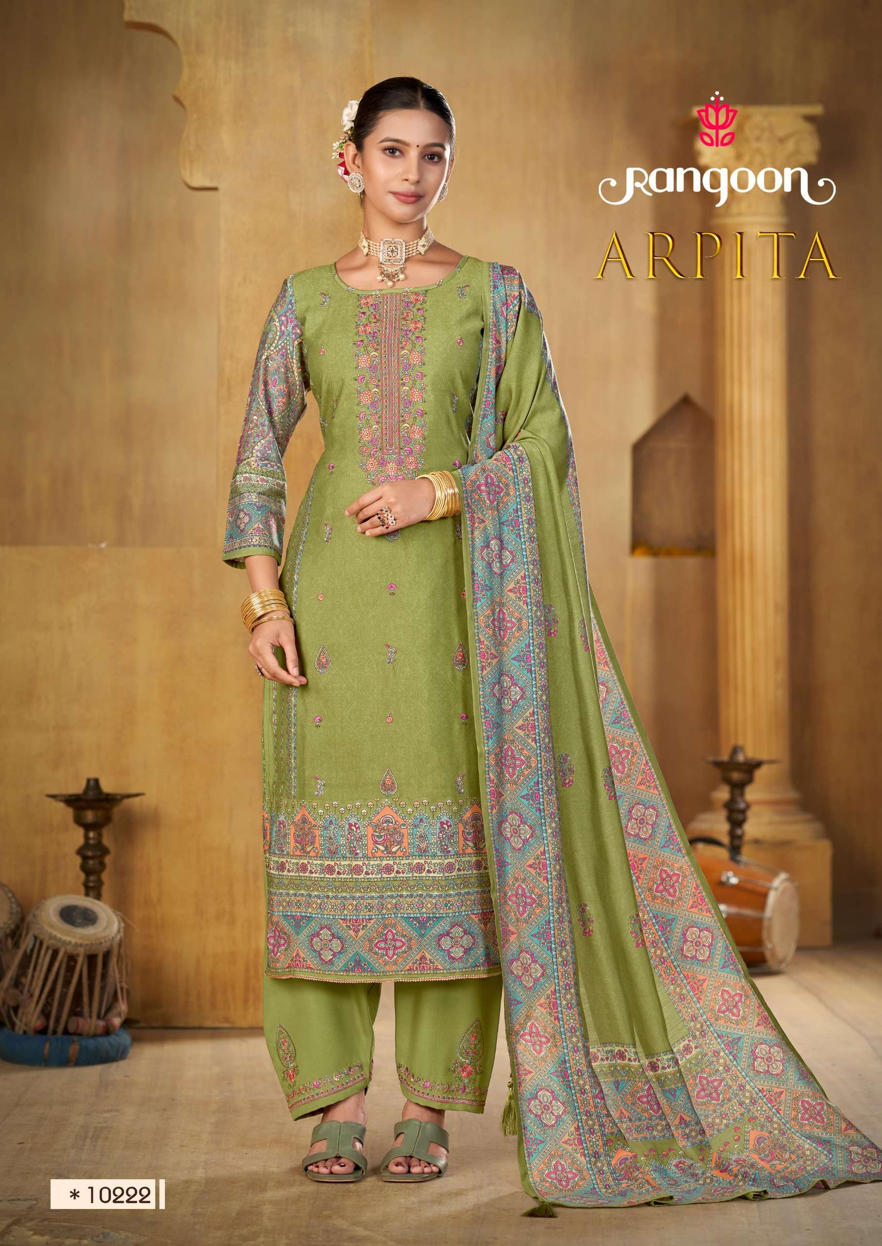 ARPITA BY RANGOON IN MUSLIN SILK WITH FOIL PRINT AND FANCY NACK WORK WITH INNER 