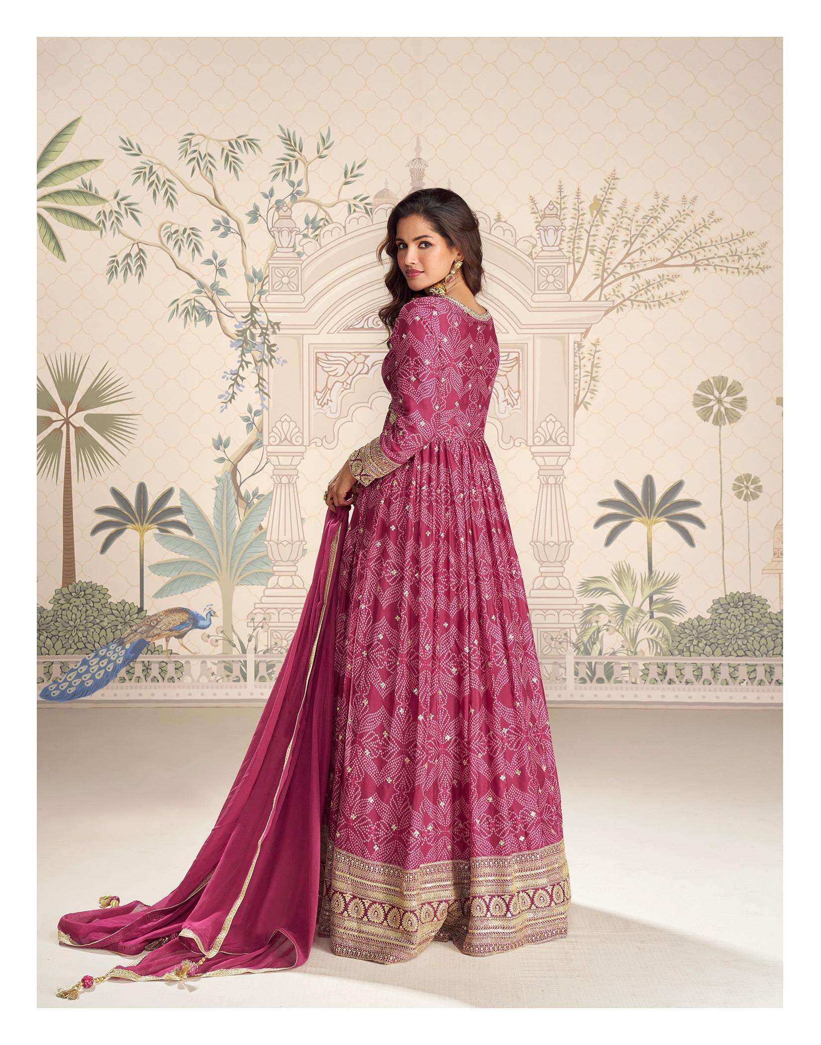 BANDHAN BY SAYURI DESIGNER IN REAL CHINON SILK WITH FRONT AND BACK EMBROIDERED WORK GOWN 