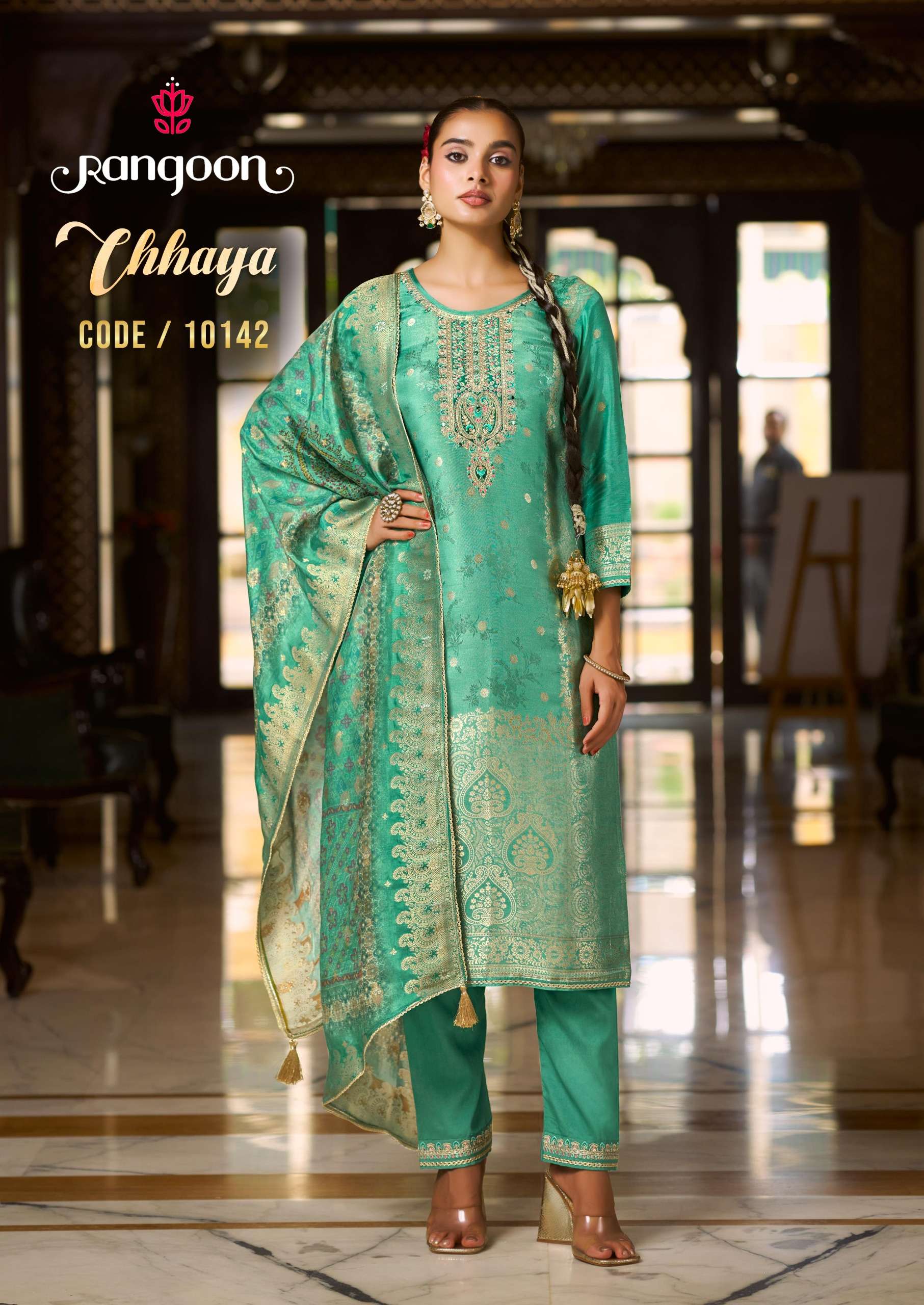 CHHAYA BY RANGOON IN PURE MUSLIN JACQUARD WITH FANCY EMBROIDERY WORK AND FULL COTTON INNER 