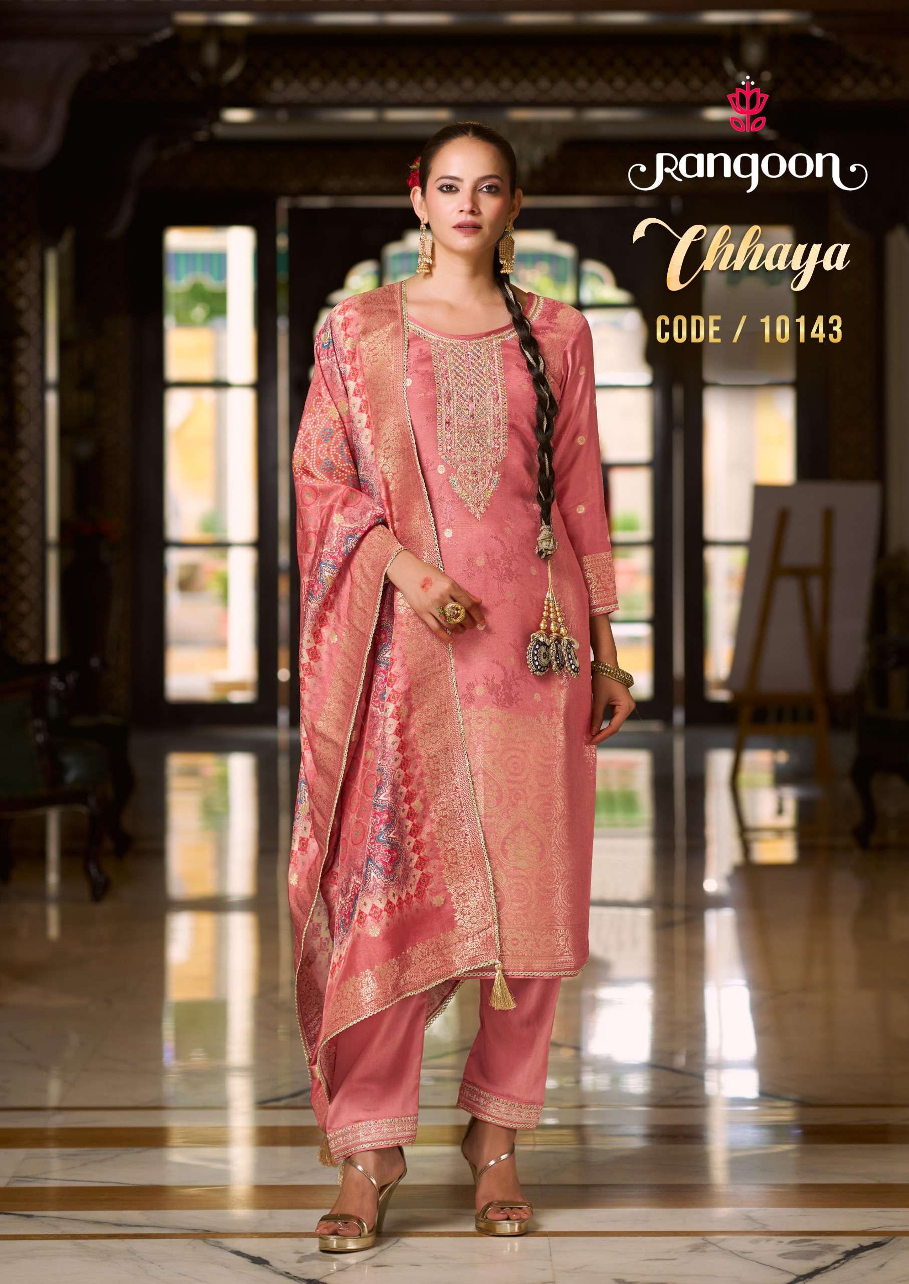 CHHAYA BY RANGOON IN PURE MUSLIN JACQUARD WITH FANCY EMBROIDERY WORK AND FULL COTTON INNER 