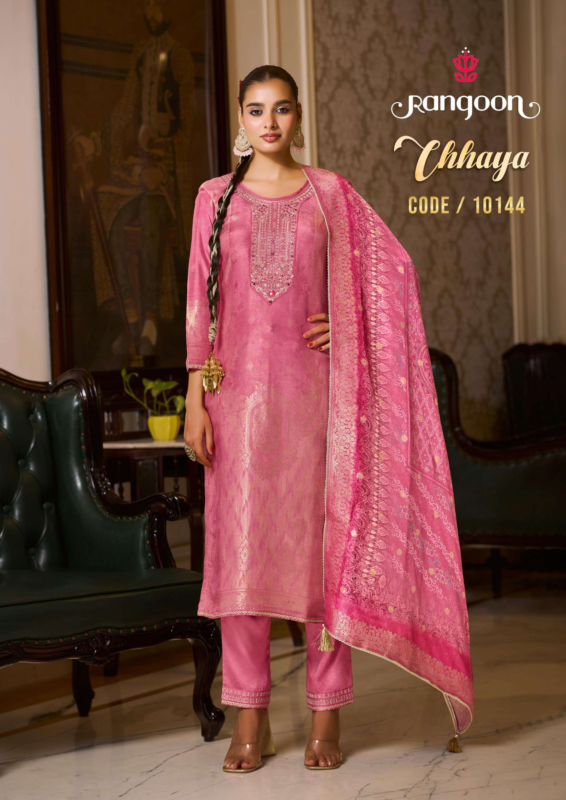 CHHAYA BY RANGOON IN PURE MUSLIN JACQUARD WITH FANCY EMBROIDERY WORK AND FULL COTTON INNER 