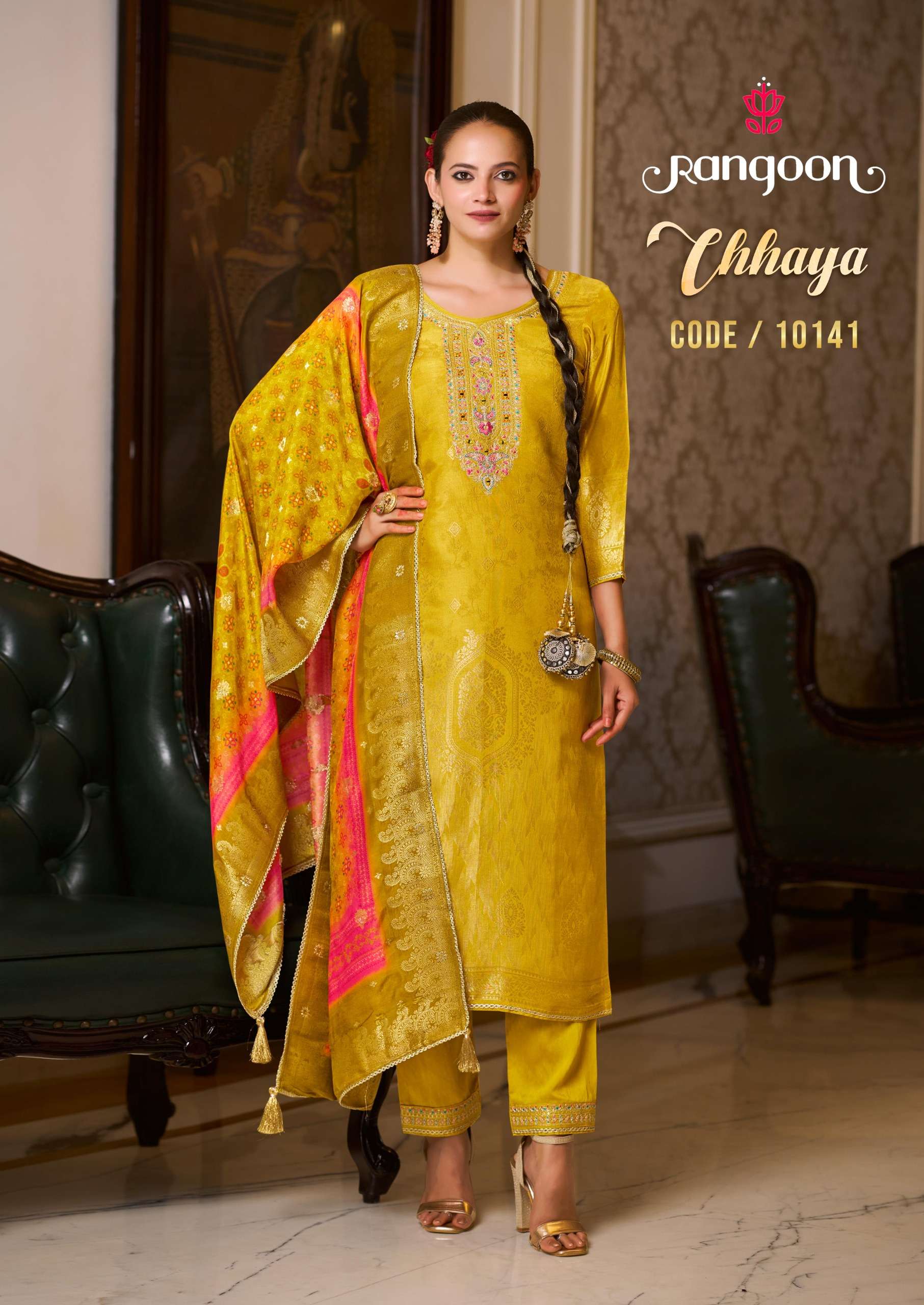 CHHAYA BY RANGOON IN PURE MUSLIN JACQUARD WITH FANCY EMBROIDERY WORK AND FULL COTTON INNER 