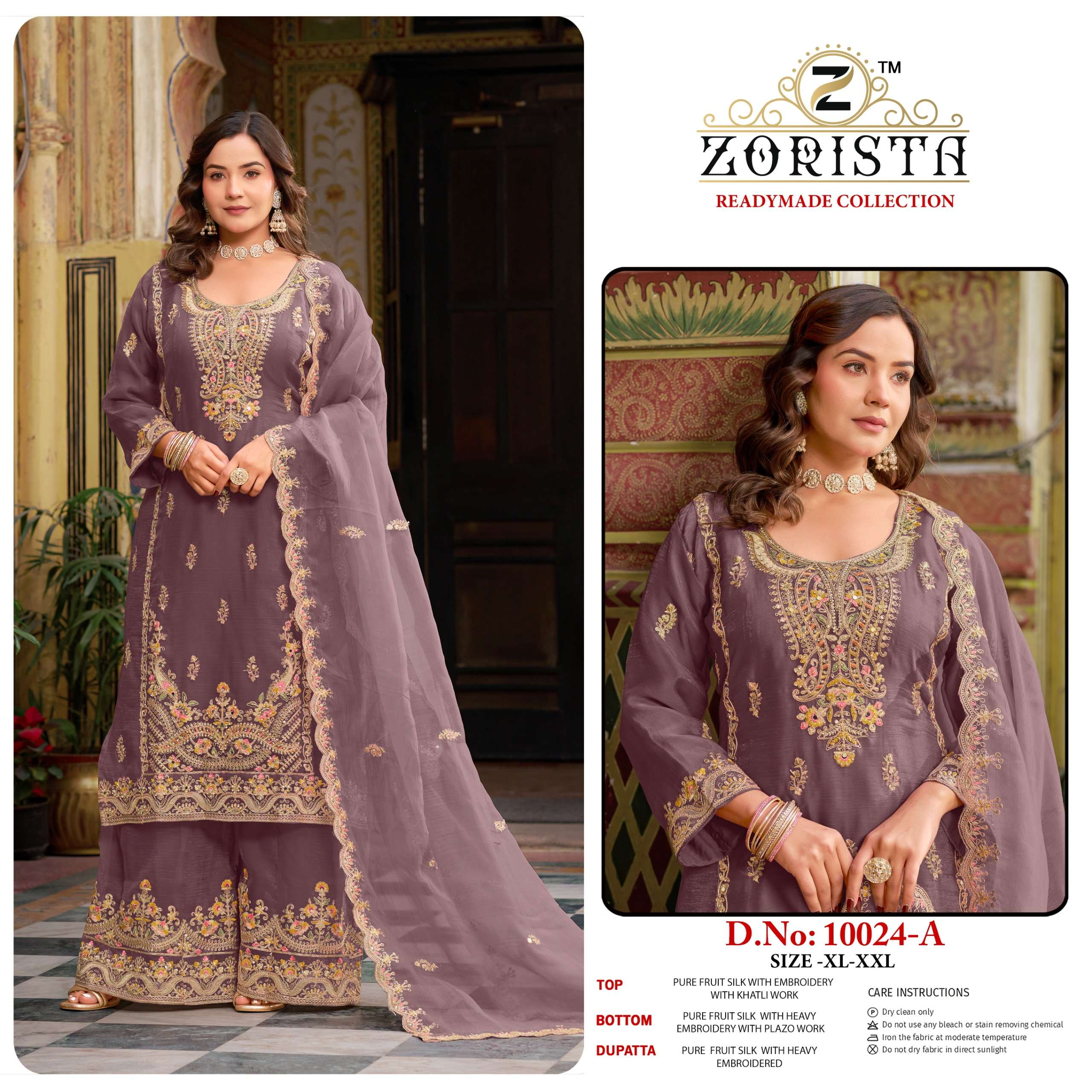 D.NO :- 10024 BY ZORISTA IN PURE FRUIT SILK WITH EMBRODERY WITH JARKAN REDYMADE COLLECTION 
