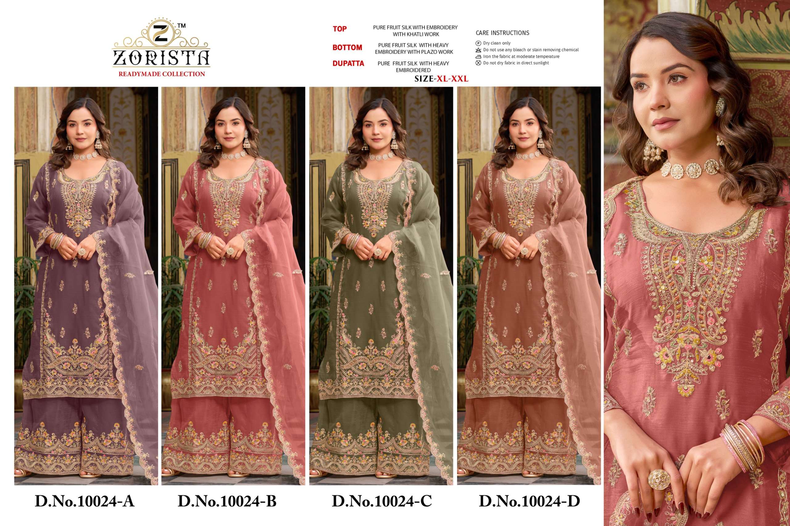 D.NO :- 10024 BY ZORISTA IN PURE FRUIT SILK WITH EMBRODERY WITH JARKAN REDYMADE COLLECTION 