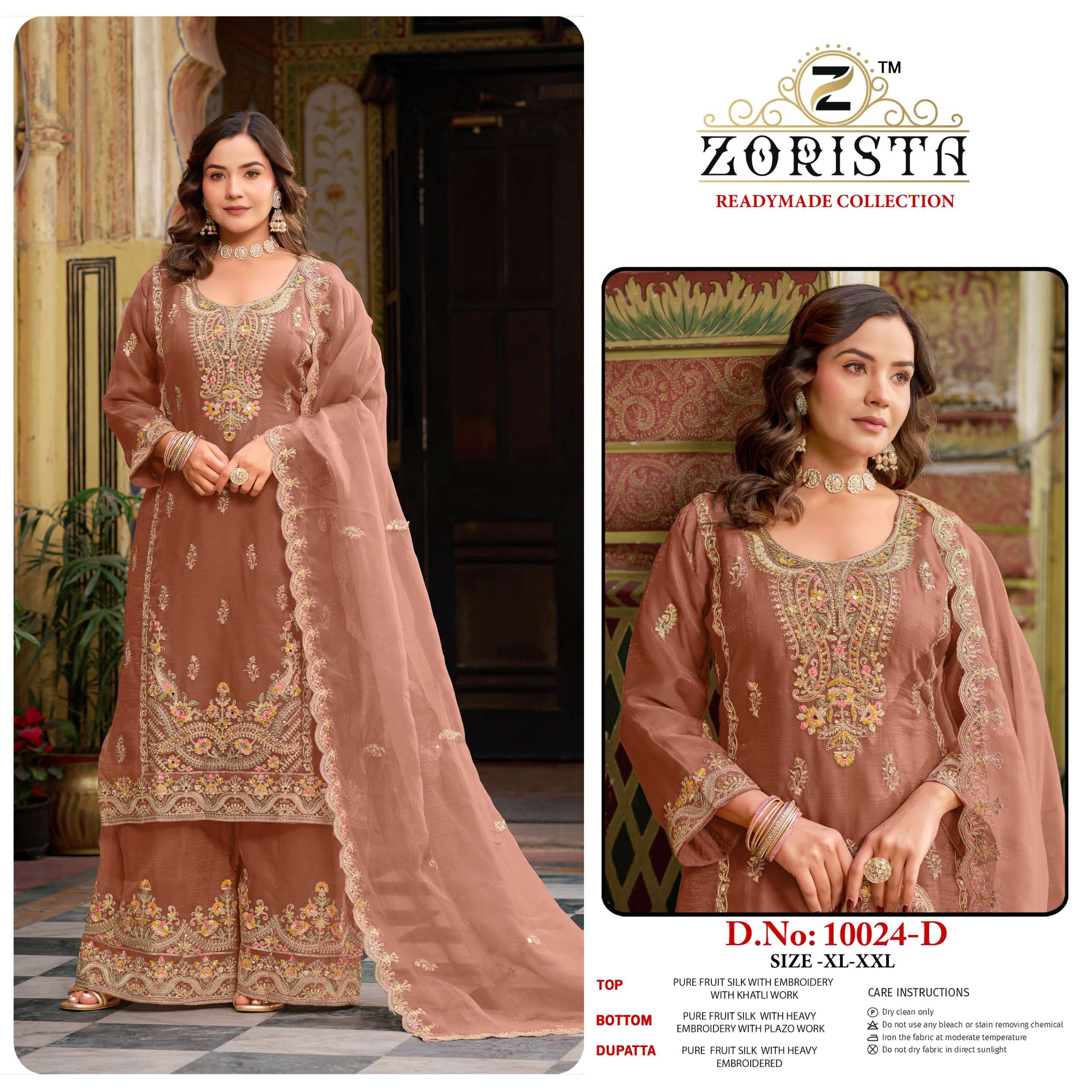 D.NO :- 10024 BY ZORISTA IN PURE FRUIT SILK WITH EMBRODERY WITH JARKAN REDYMADE COLLECTION 