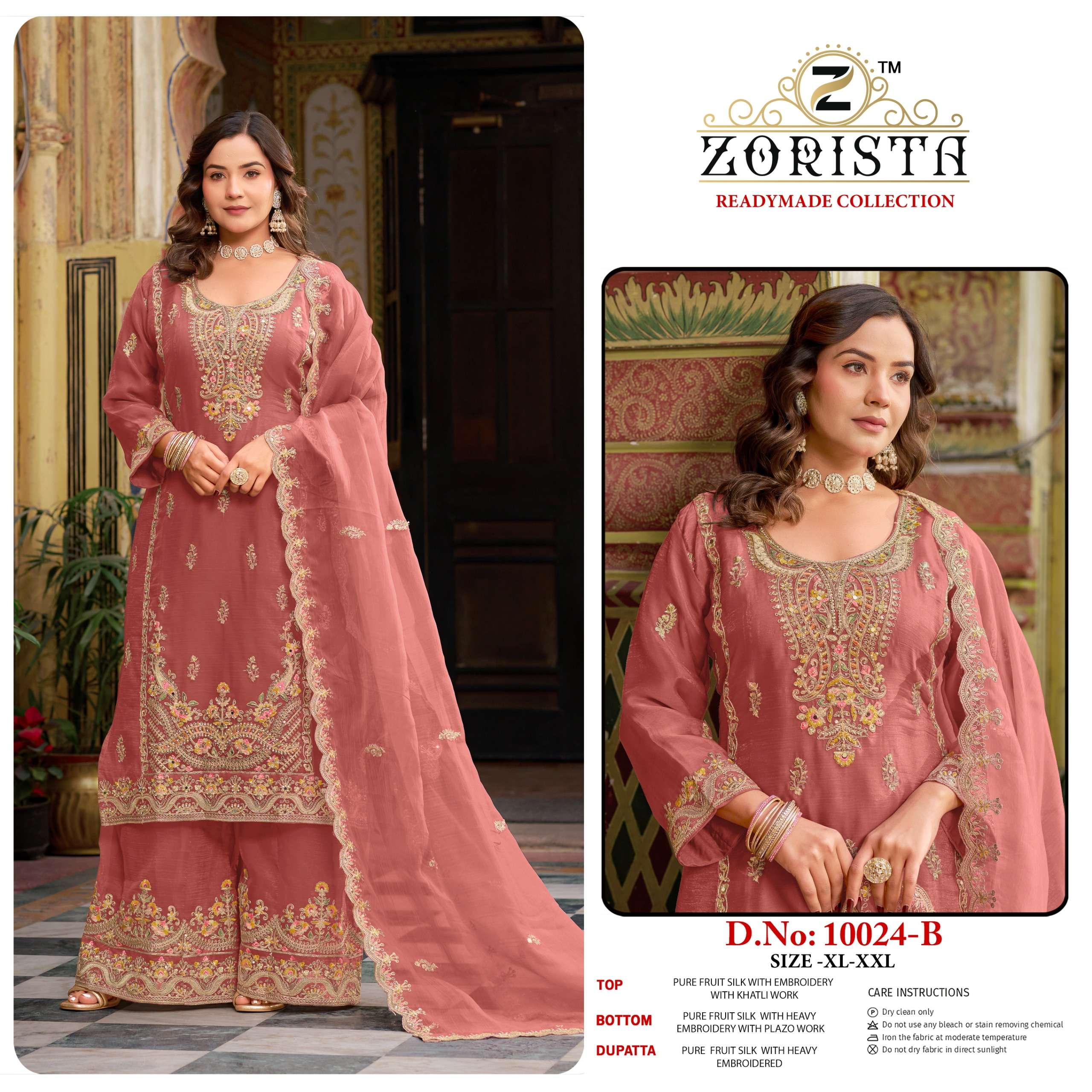 D.NO :- 10024 BY ZORISTA IN PURE FRUIT SILK WITH EMBRODERY WITH JARKAN REDYMADE COLLECTION 