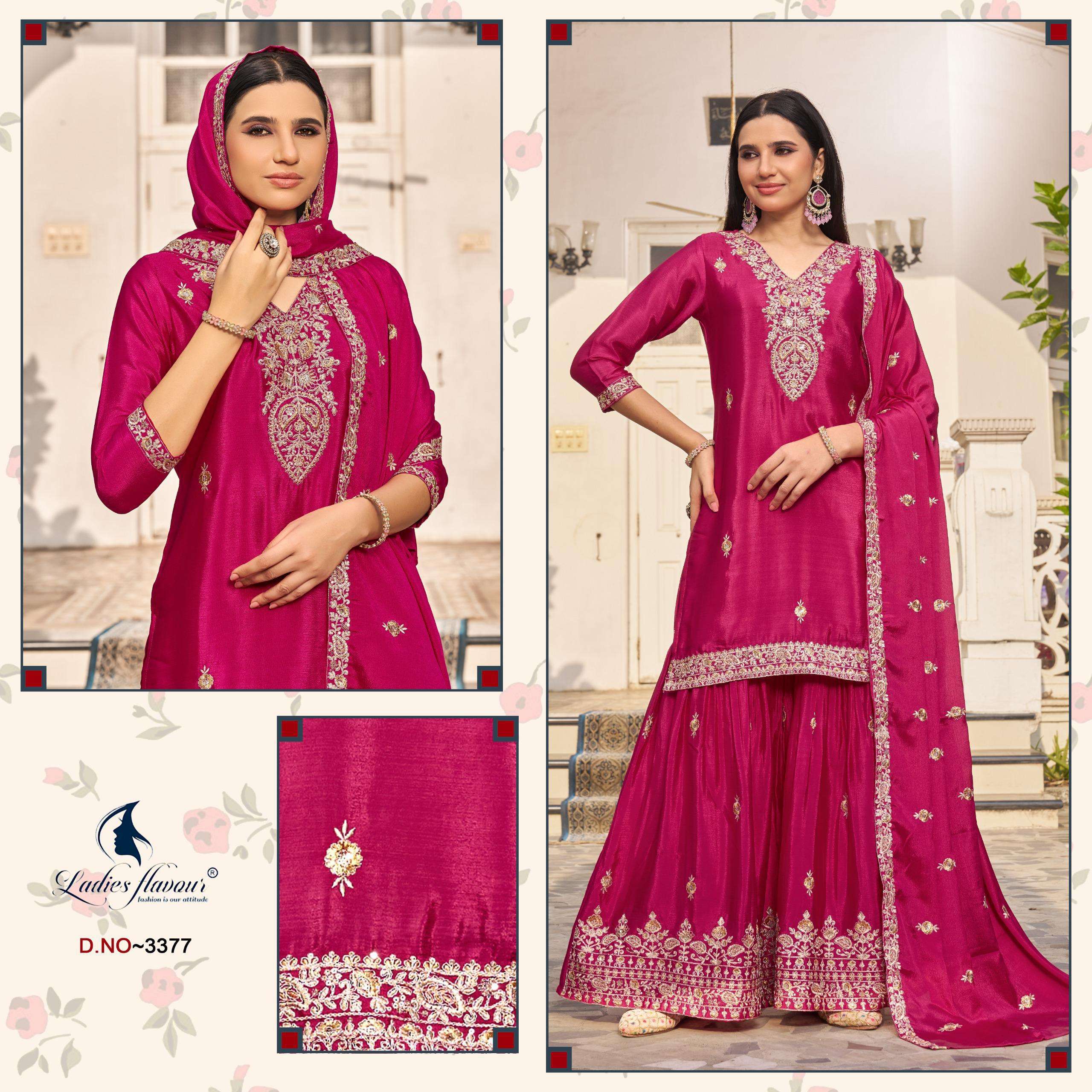 D.NO :- 3376 TO 3378 BY LADIES FLAVOUR IN HEAVY CHINON BLOOMING EMBROIDERY WORK 