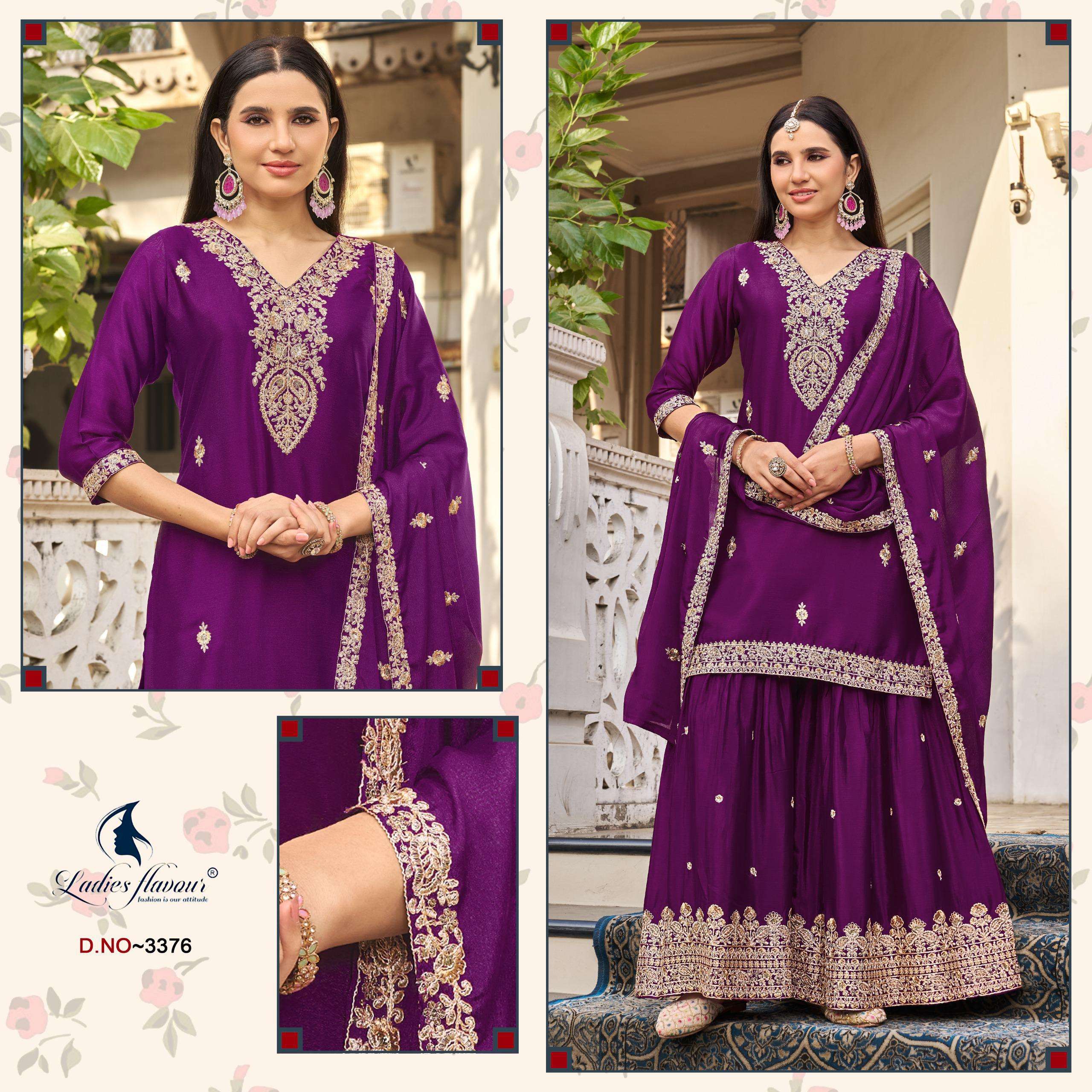 D.NO :- 3376 TO 3378 BY LADIES FLAVOUR IN HEAVY CHINON BLOOMING EMBROIDERY WORK 