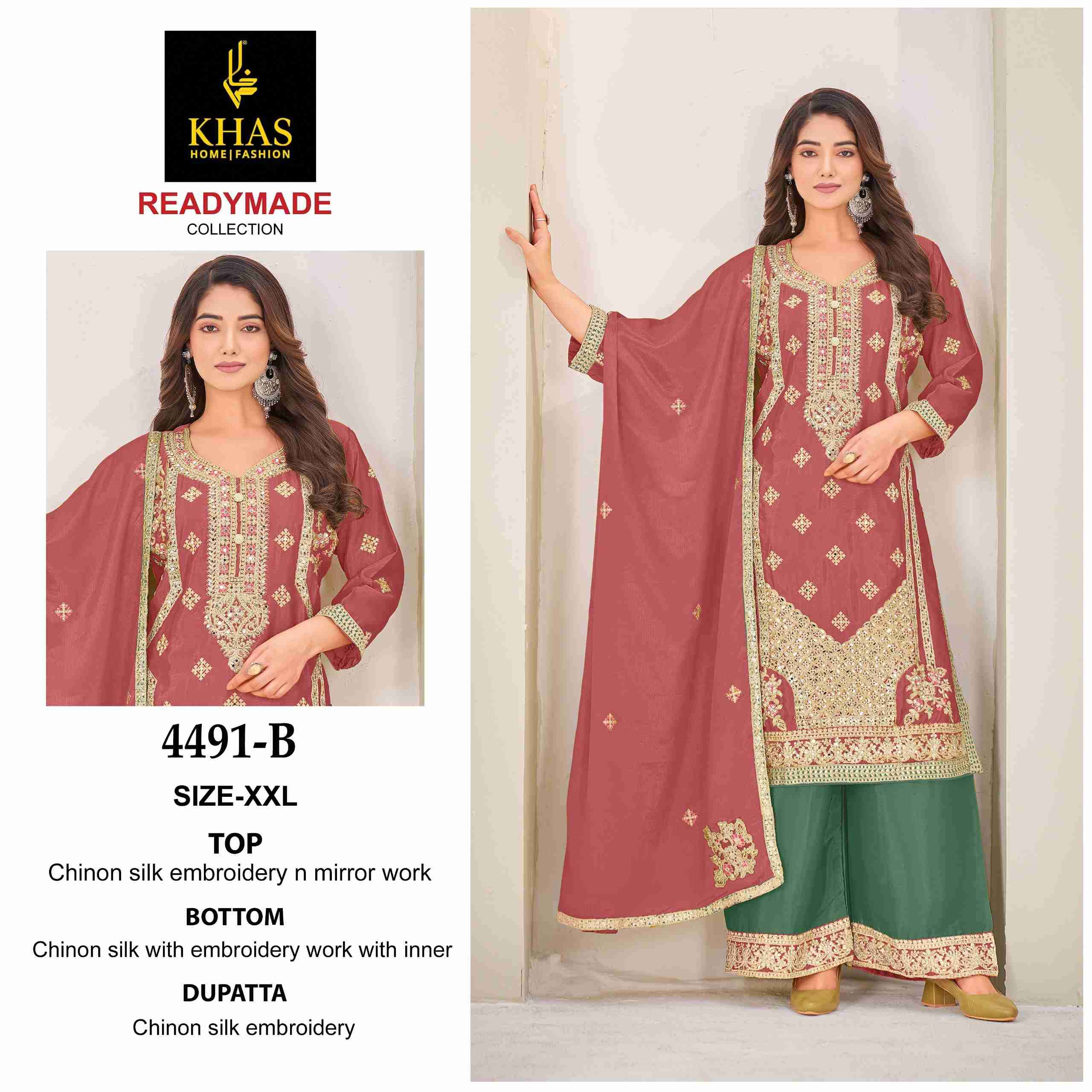 D.NO :- 4491 BY KHAS IN CHINON SILK WITH EMBROIDERY & MIRROR WORK RADYMADE COLLECTION
