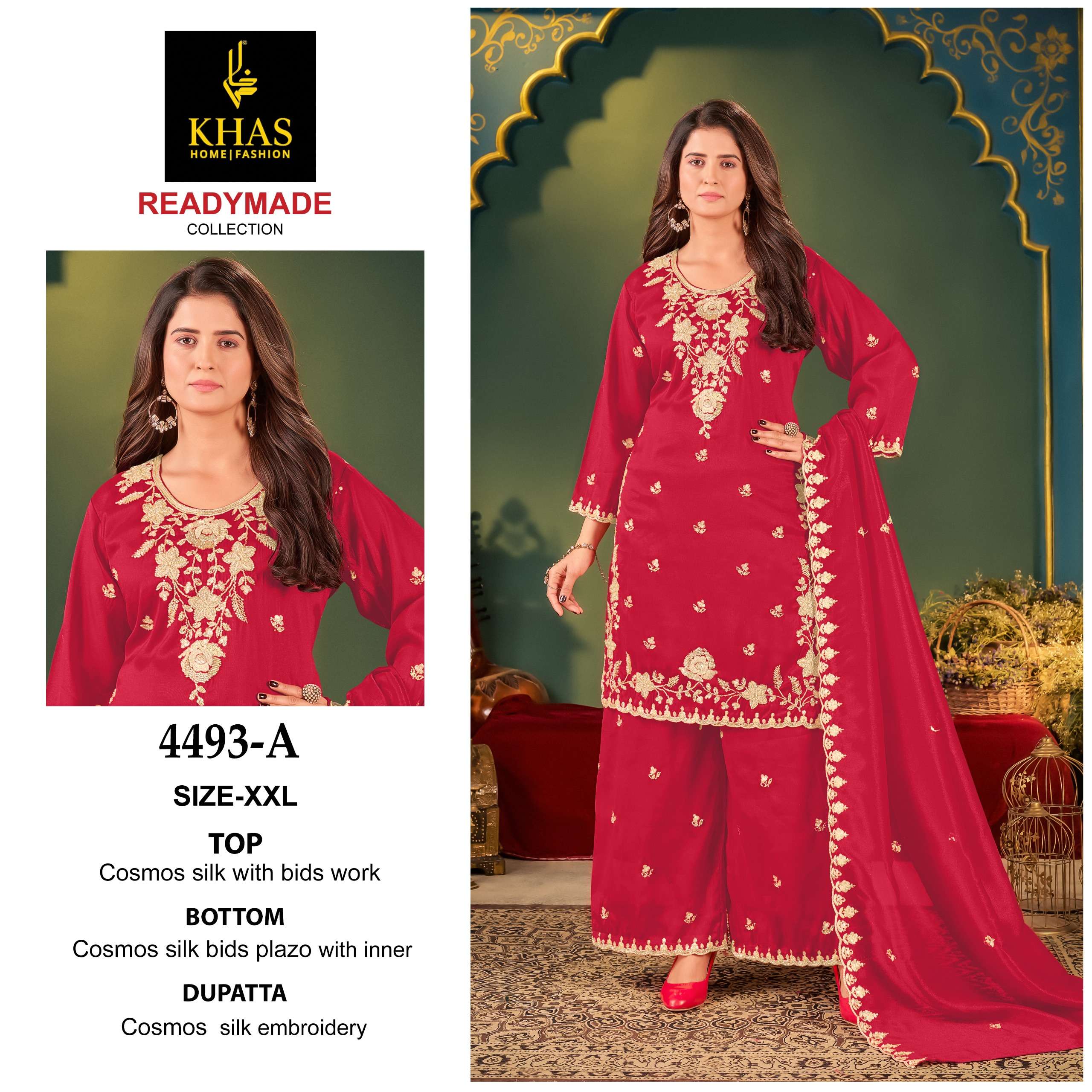 D.NO :- 4493 BY KHAS IN COSMOS SIMER SILK BIDS WORK GARARA NEW RADY MADE COLLECTION