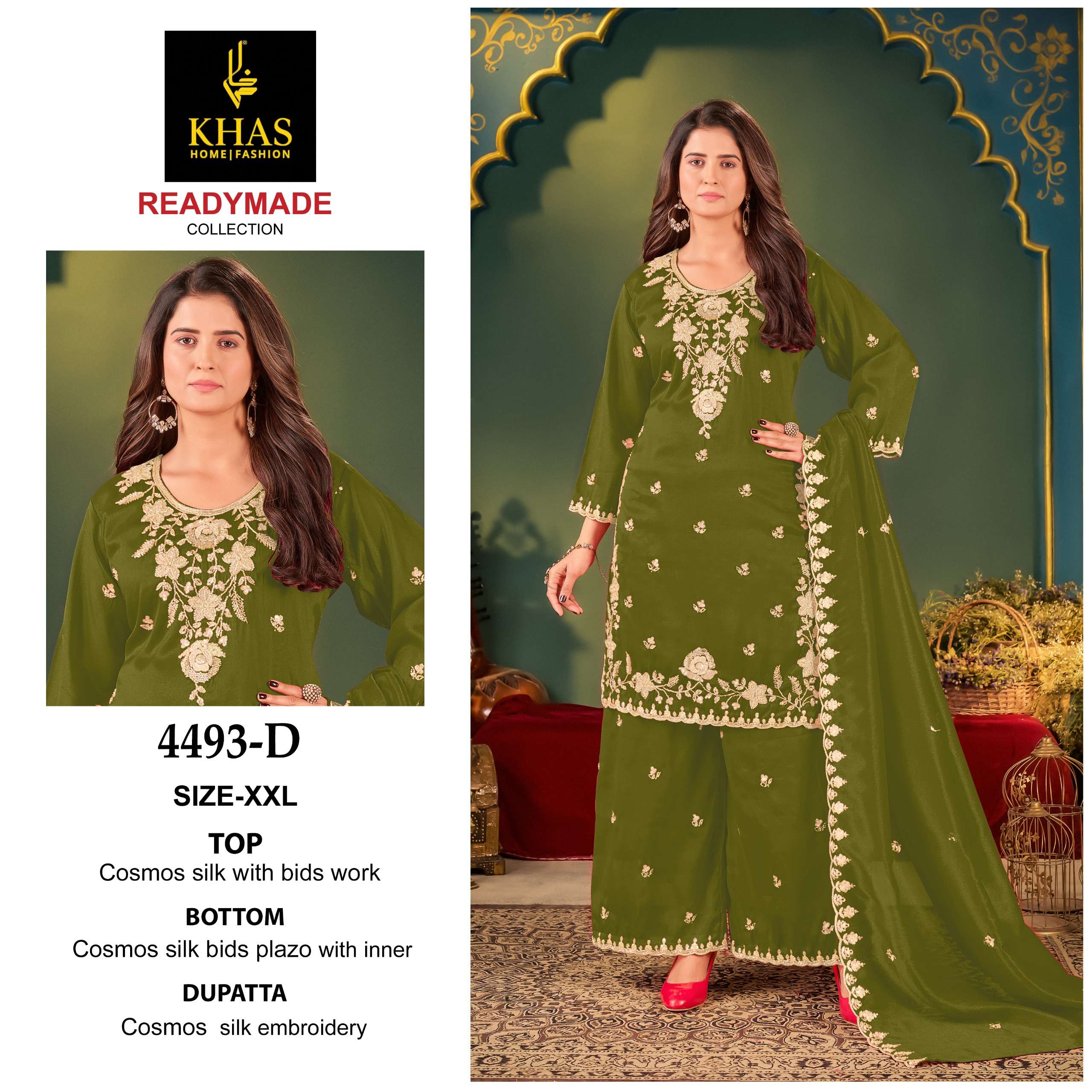 D.NO :- 4493 BY KHAS IN COSMOS SIMER SILK BIDS WORK GARARA NEW RADY MADE COLLECTION