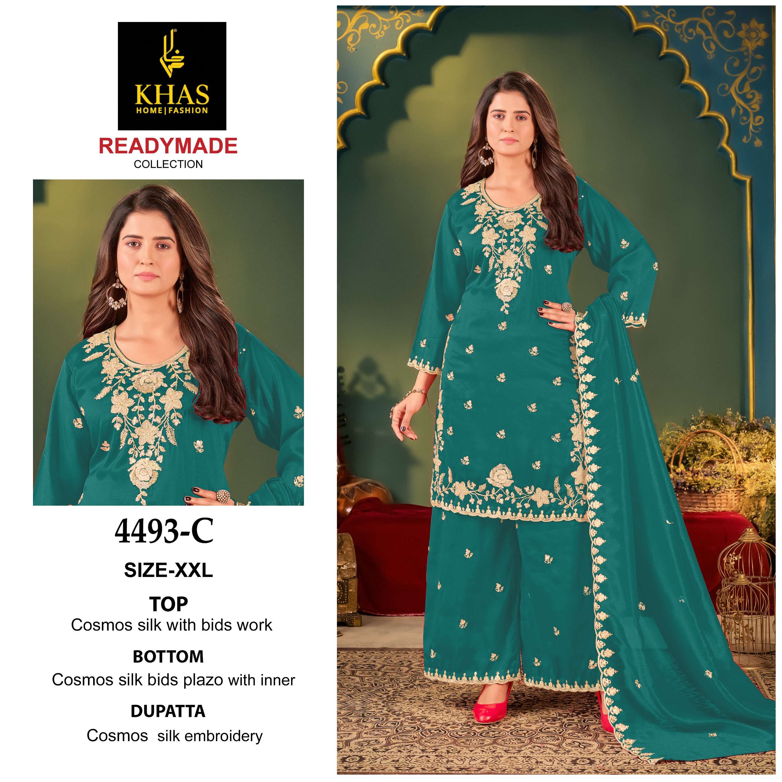D.NO :- 4493 BY KHAS IN COSMOS SIMER SILK BIDS WORK GARARA NEW RADY MADE COLLECTION