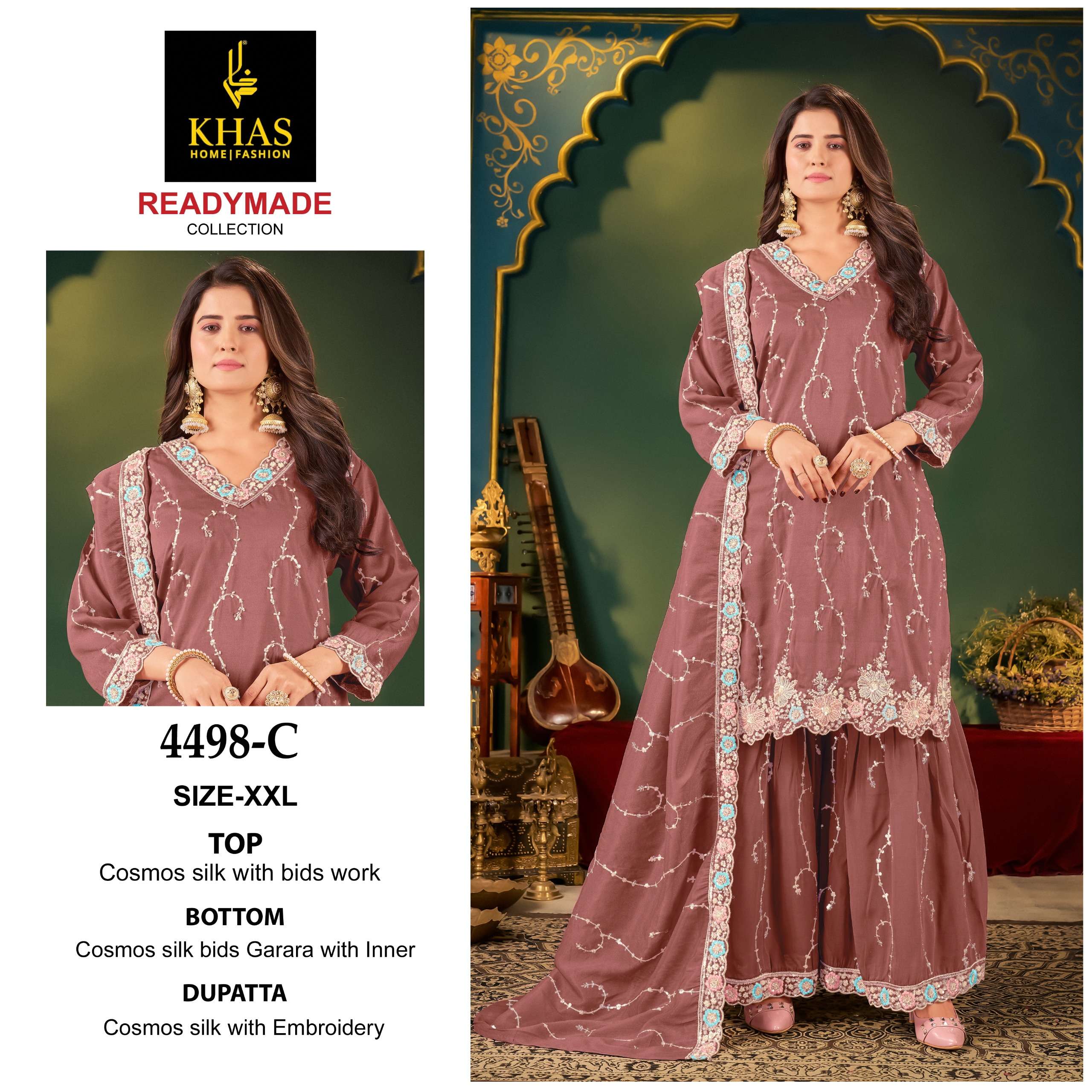D.NO :- 4498 BY KHAS IN COSMOS SIMER SILK BIDS WORK GARARA NEW RADY MADE COLLECTION