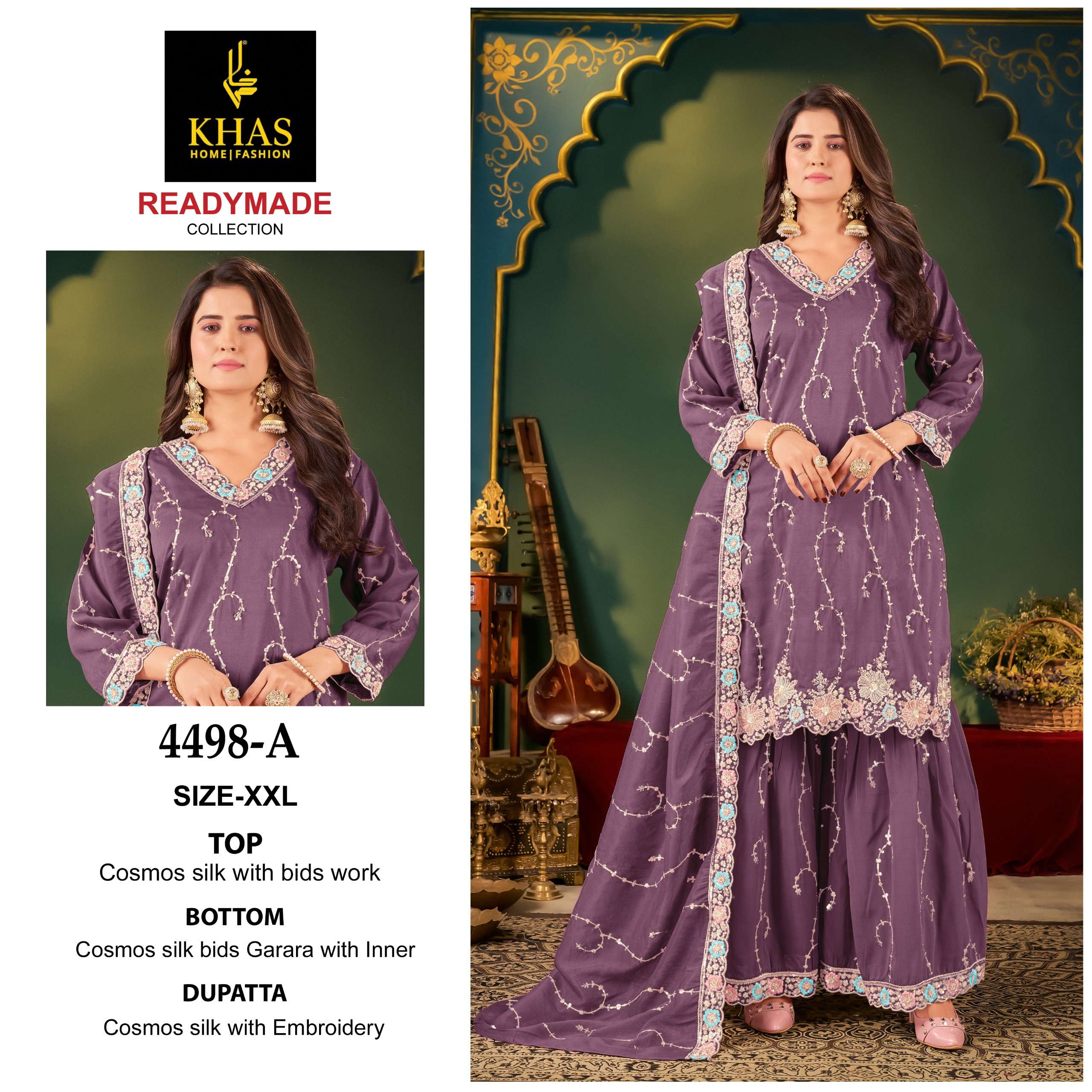 D.NO :- 4498 BY KHAS IN COSMOS SIMER SILK BIDS WORK GARARA NEW RADY MADE COLLECTION