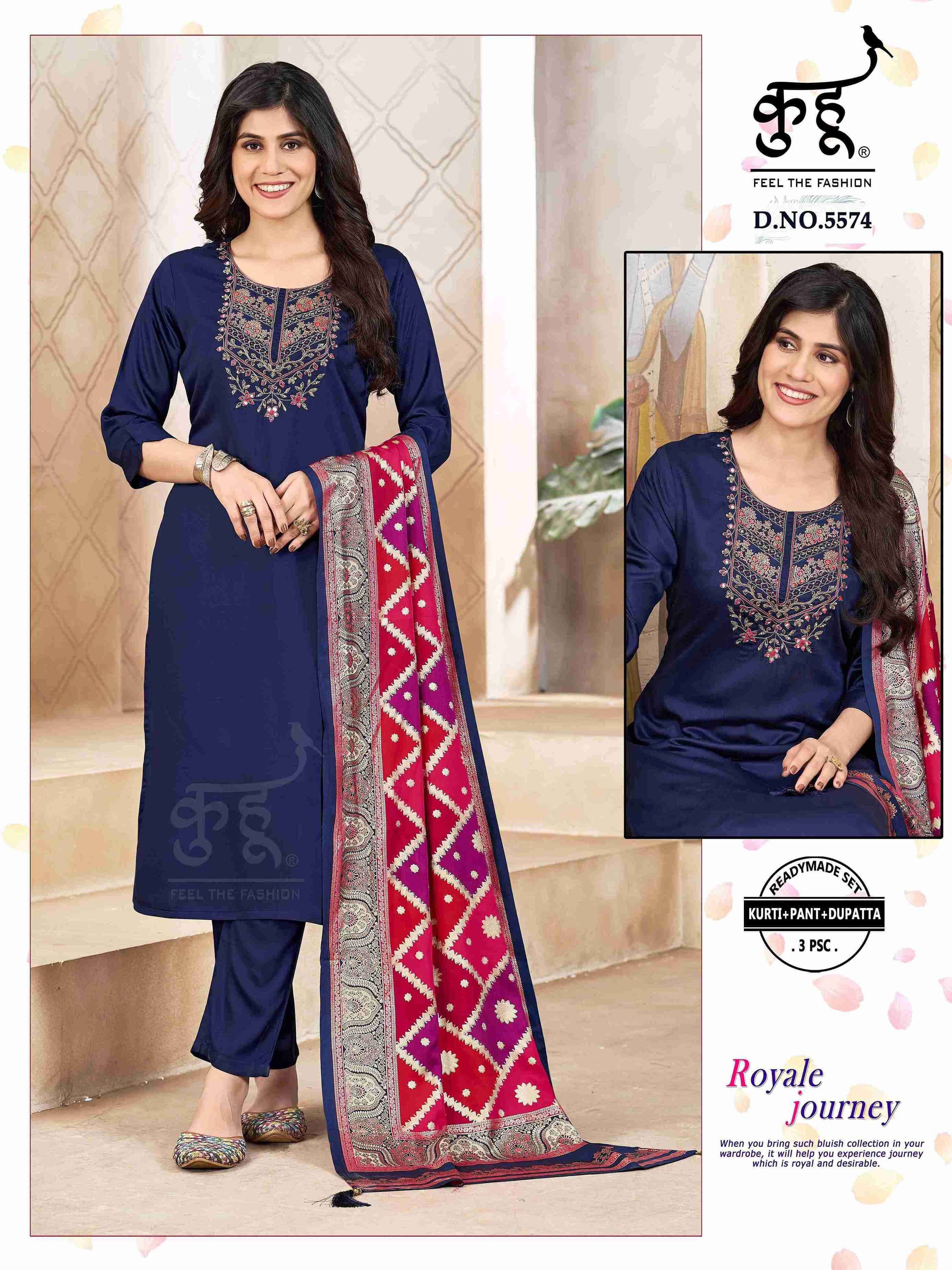 D.NO :- 5571 TO 5574 BY KUHOO IN FANCY FABRICS KURTI PANT WITH DUPATTA WORK 