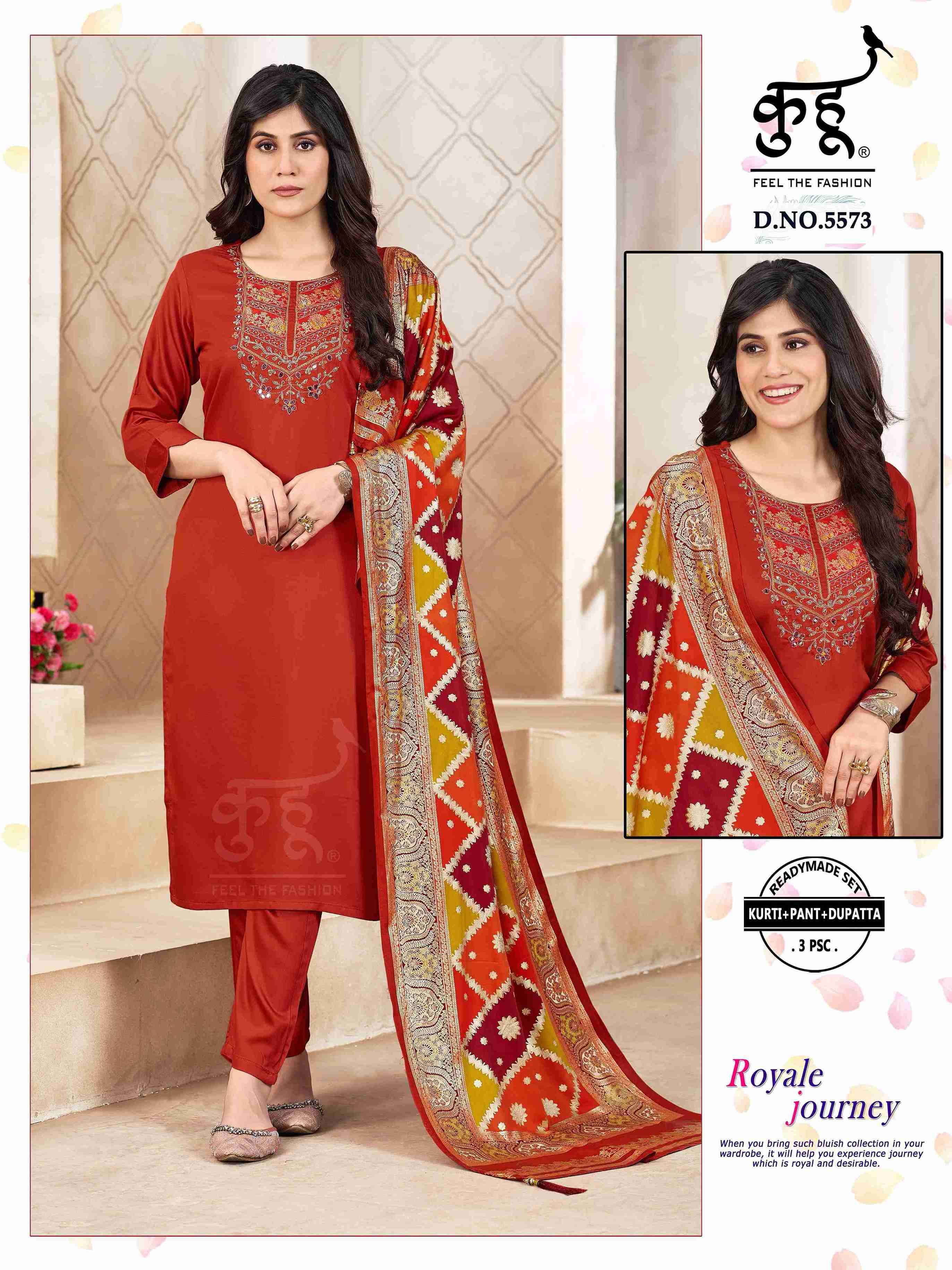 D.NO :- 5571 TO 5574 BY KUHOO IN FANCY FABRICS KURTI PANT WITH DUPATTA WORK 